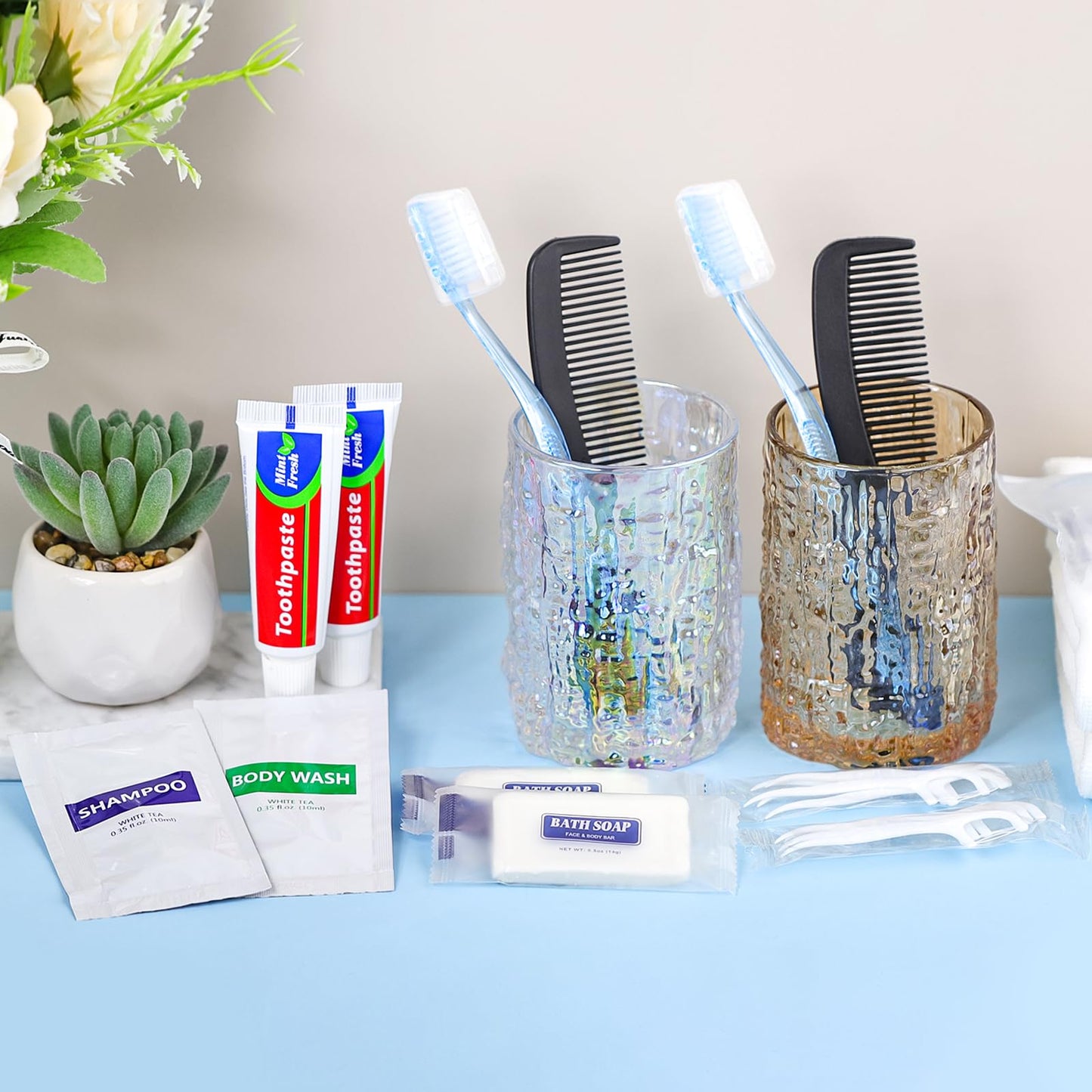 5 Sets Personal Hygiene Kit Basic Toiletry Kits Homeless Supplies Bulk for Travel,Charity,Business Include 5 Toothbrush, 5 Toothpaste, 5 Comb, 5 Bath Soap, 5 Shampoo,5 Body Wash, 25 Floss Picks