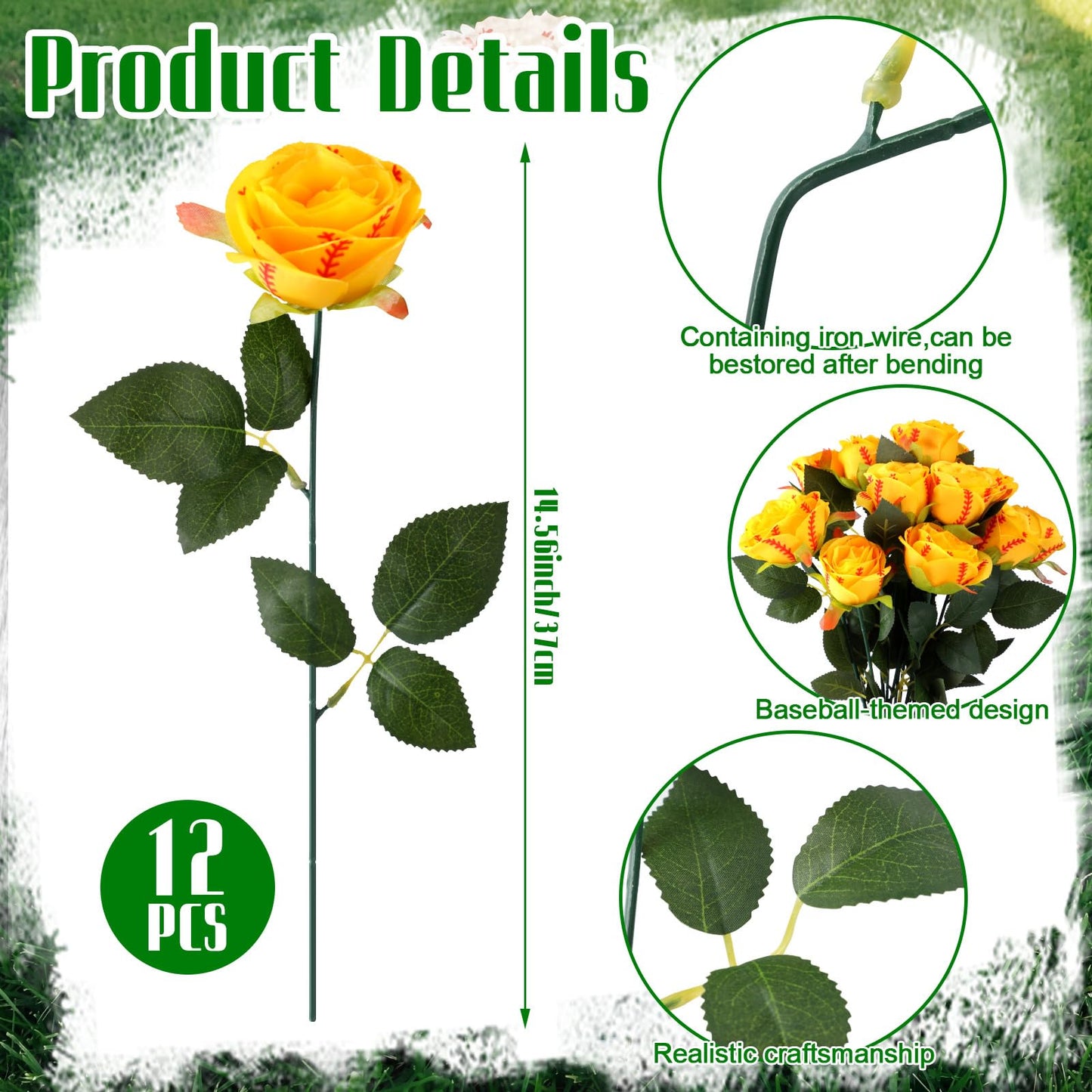 Suncalla 12 Pcs Softball Rose with Leaves Bulk Artificial Fake Roses Decor Sports Flower Gifts for Table Centerpieces Graduation Wedding Gifts Sports Theme Rose Bouquet Party Favors