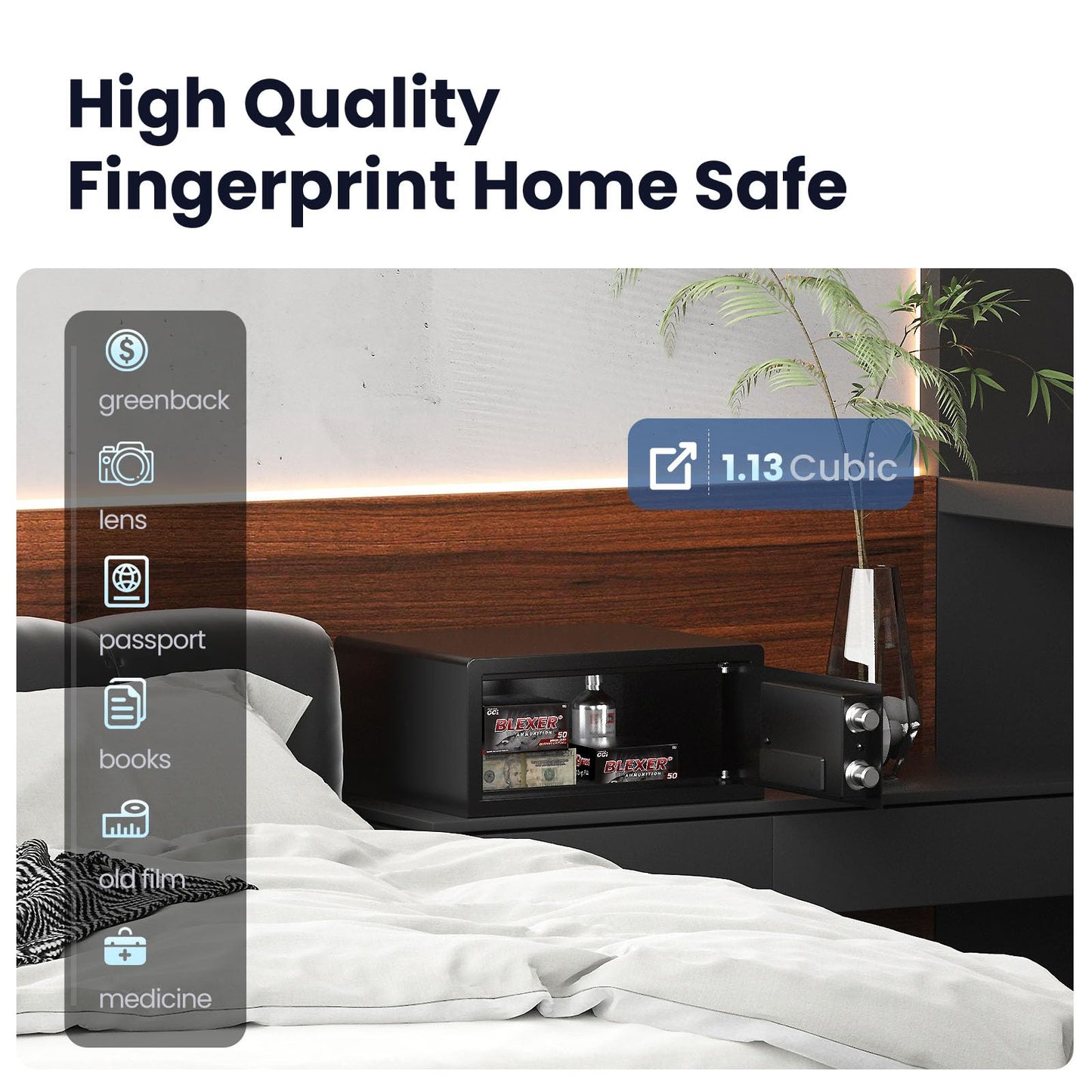 Grimtron Smart Biometric Safe Fingerprint Lock Box with Silent Mode, Backlit Keypad and LED Light, Small Caja Fuerte Valentines Day Gifts for Men Women (7.87"H x 14.57"D x 16.93"W)