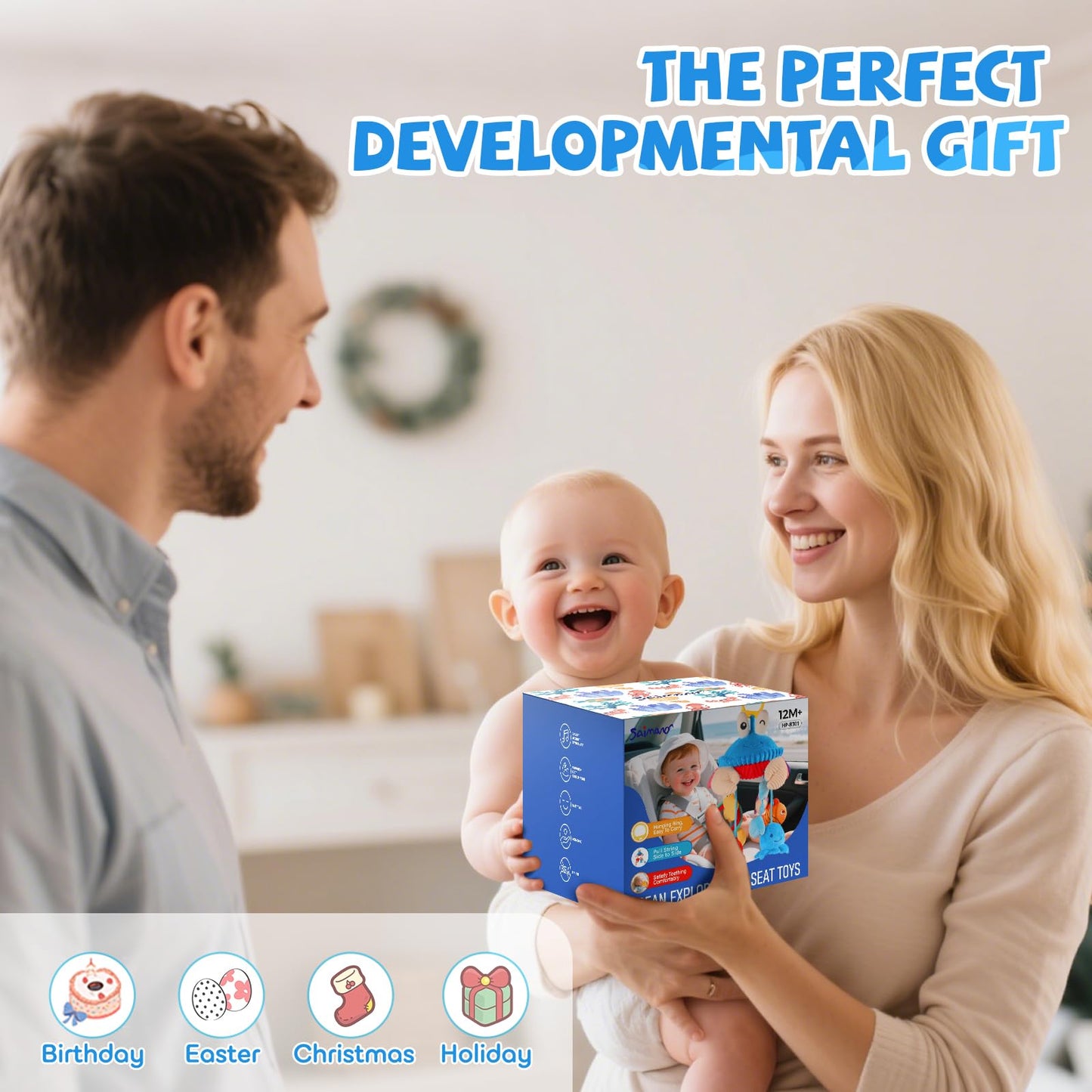 Car Seat Toys for Babies 0-6 Months, Hanging Sensory Crab Plush Toy for Stroller, Crib & Play Gym, Clip-On Montessori Infant Activity Toy with Mirror, Rattle & Teether, Newborn Baby Gifts 0-12 Months