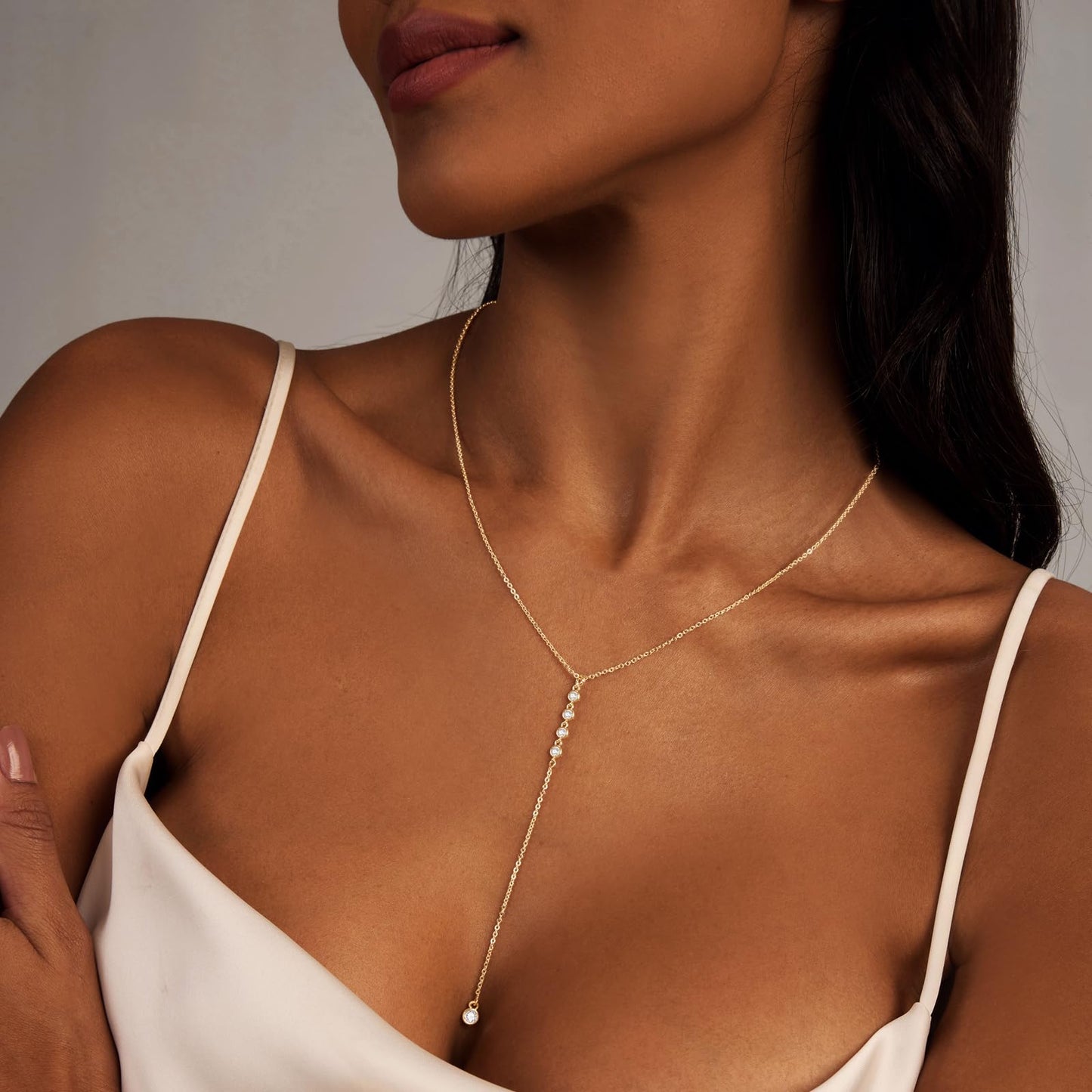 HERIER Lariat Gold Long Necklaces for Women Trendy Dainty 14K Gold Plated Drop Necklace Layered Simple CZ Y-Shaped Necklace Jewelry Gifts