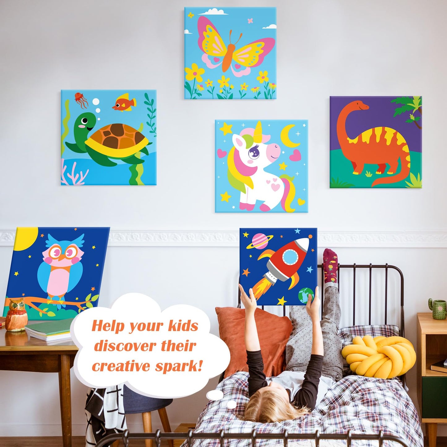 goldentime 6 Pack 8x8inch Paint by Numbers Kit for Kids, Predrawn Canvas for Painting with Unicorn, Butterfly & More, Includes 18 Acrylic Paints, 6 Brushes & Easels, Easy Art Supplies for Kids 4-8-12