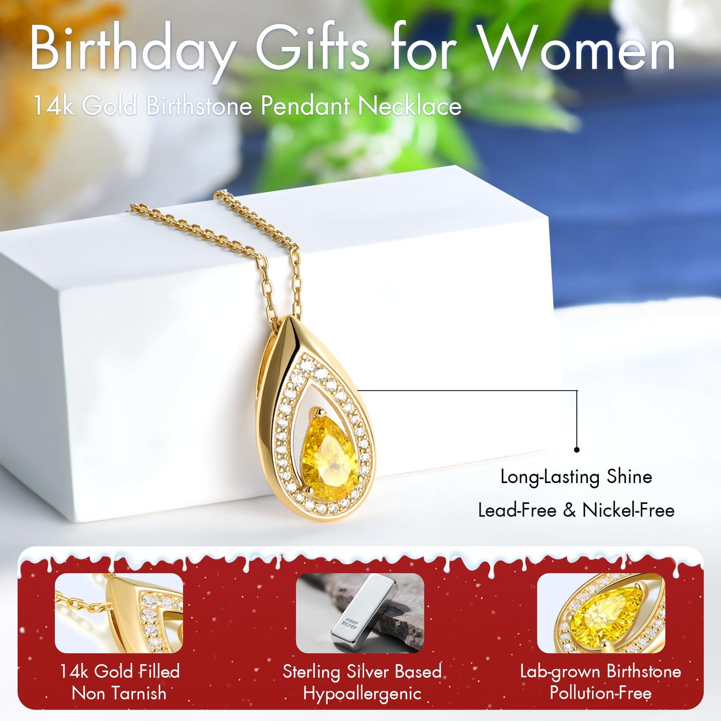 Kstyle 14k Gold Citrine November Birthstone Pendant Necklaces for Women Valentine's Day Birthday Gift Anniversary Jewelry for Wife Daughter Grandma Mom Sister Non Tarnish