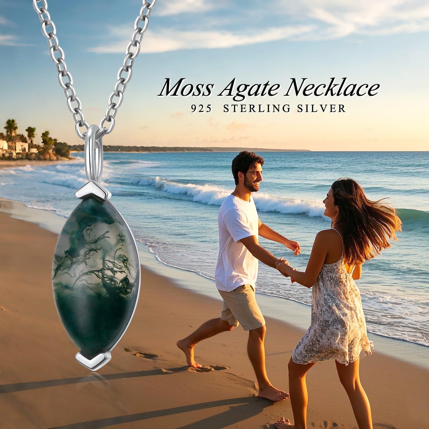 FLYOW Dainty Marquise Necklace 925 Sterling Silver Natural Moss Agate Solitaire Pendant Jewelry for Women Birthday Gifts (Moss Agate Marquise)