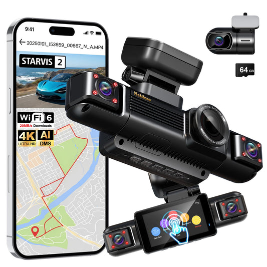 4K STARVIS 2 Dash Cam Front Rear, 5.8GHz WiFi 20MB/s Download, Free 64GB Card, 4 Channel 360° Dash Camera, 3" Touch Screen, AI Driver Monitor System, WDR Night Vision,HDR GPS,24H Parking Mode(N300Pro)