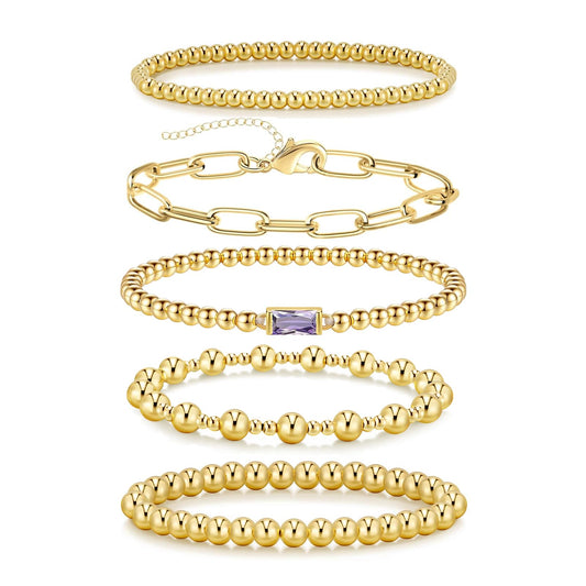 5 PCS Gold Bracelets for Women, Dainty Birthstone Bracelet 14K Gold Plated Stackable Paperclip Cuban Link Chain Bead Bracelets, Fashion Trendy Jewelry Sets Birthday Gifts
