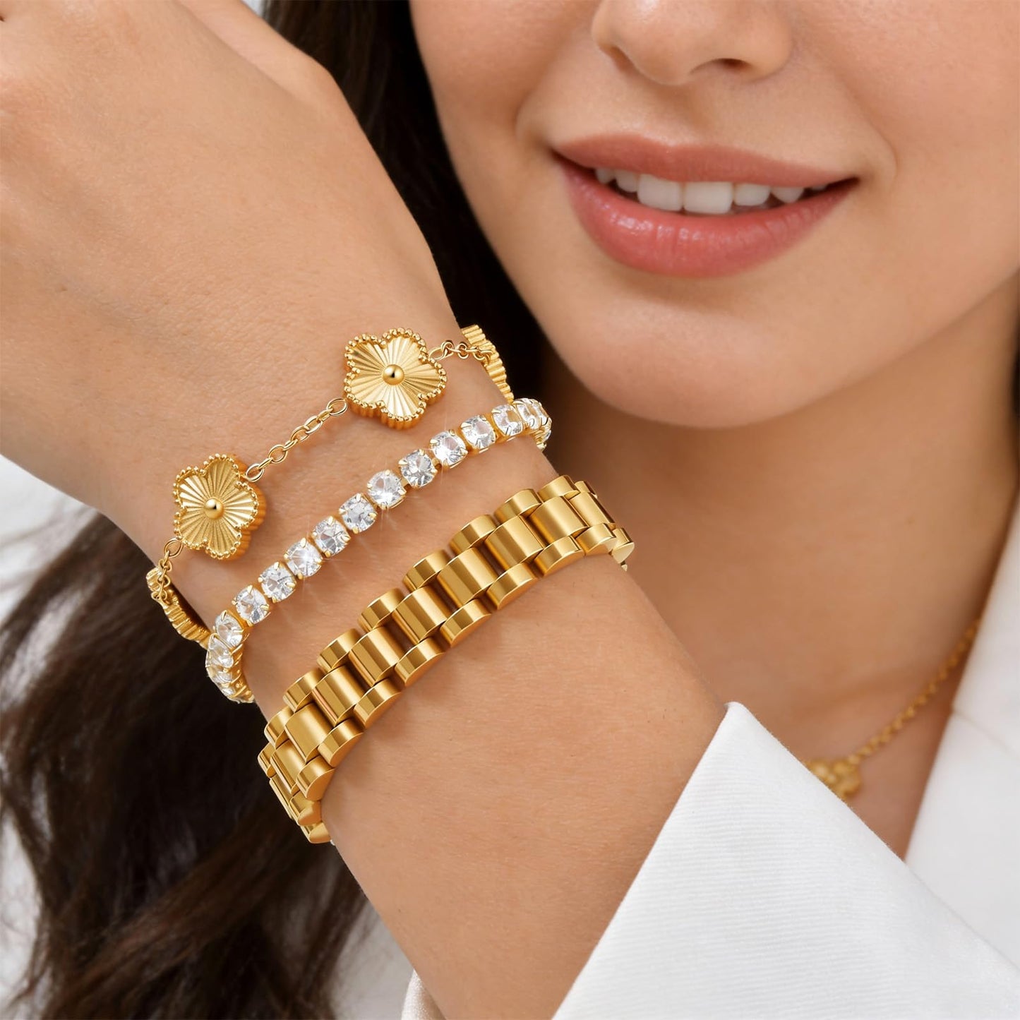 Stackable Gold Floral Bracelets Set - 3pcs 18K Gold Plated Bracelet Non-tarnish,Stainless Steel Link Chain Friendship Bracelet,Watch Band Trendy Jewelry,Christmas Valentines Birthday Gifts for Women