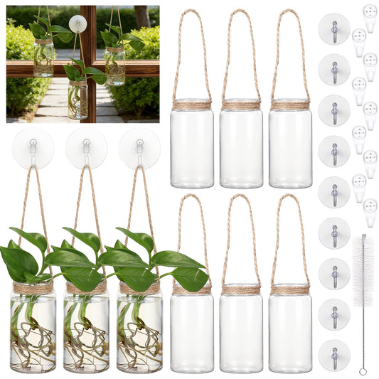 Baderke 9 Sets Window Hanging Propagation Stations 3.54'' Plastic Propagation Vases with Suction Cup & Traceless Nail, Propagated Plant Holder Wall Jars for Office Home Garden Decoration Lover Gift