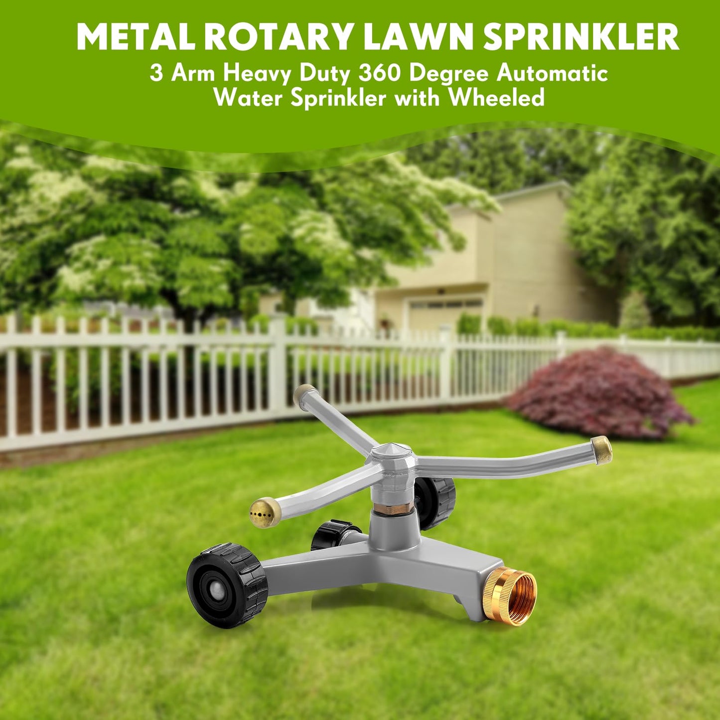 Tiangrid 2 Pcs Metal Rotary Lawn Water Sprinkler 3 Arm Heavy Duty Automatic Revolving Whirling with Wheeled Base for Lawn Yard Garden Backyard, Can Be Chained Together