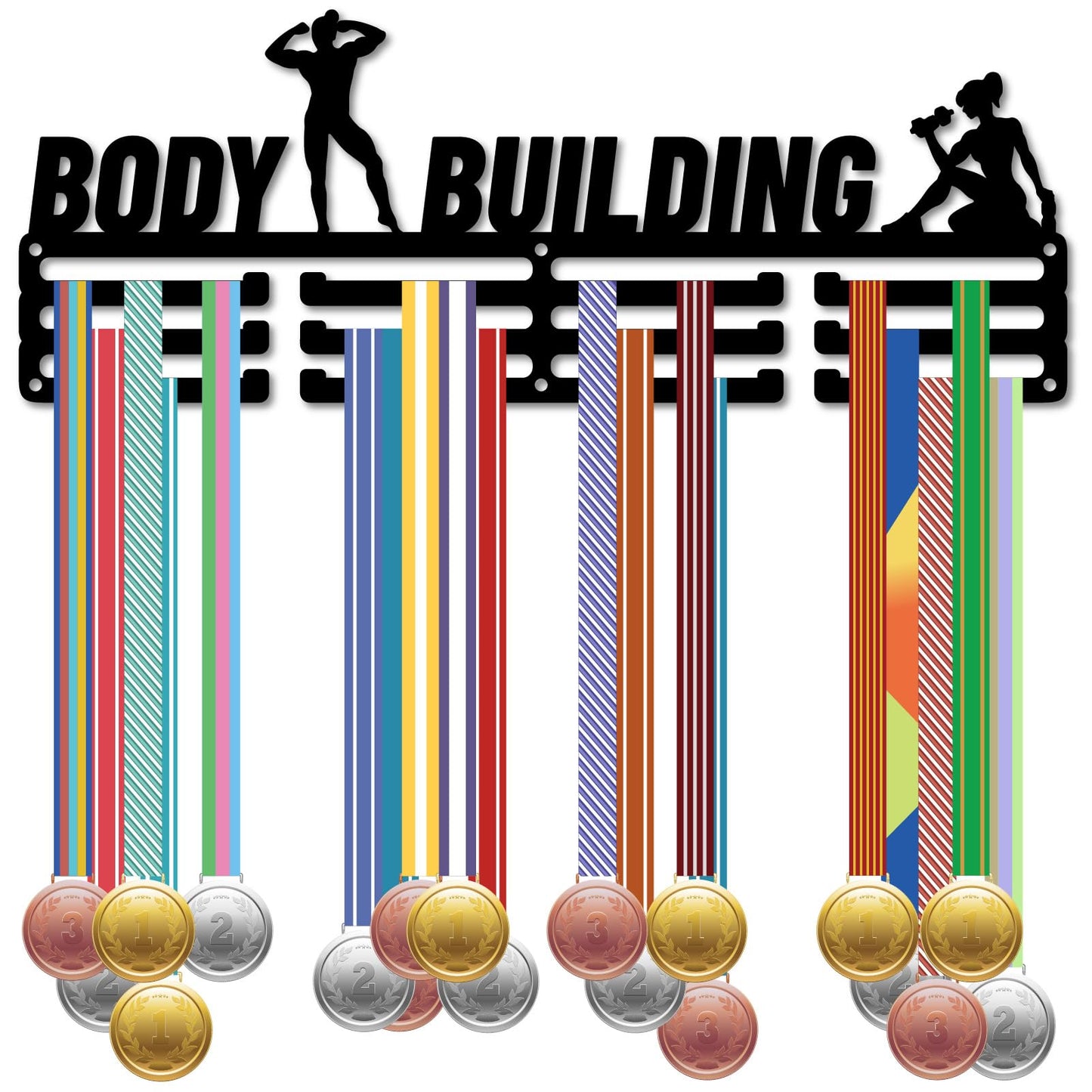 CREATCABIN Body Building Medal Holder Bodybuilding Medal Hanger Display Sports Ribbons Organizer Metal Black Rack Frame Shelf Wall Hanging Over 60+ Medals for Player Athlete Medalists 15.7 x 5.9 Inch