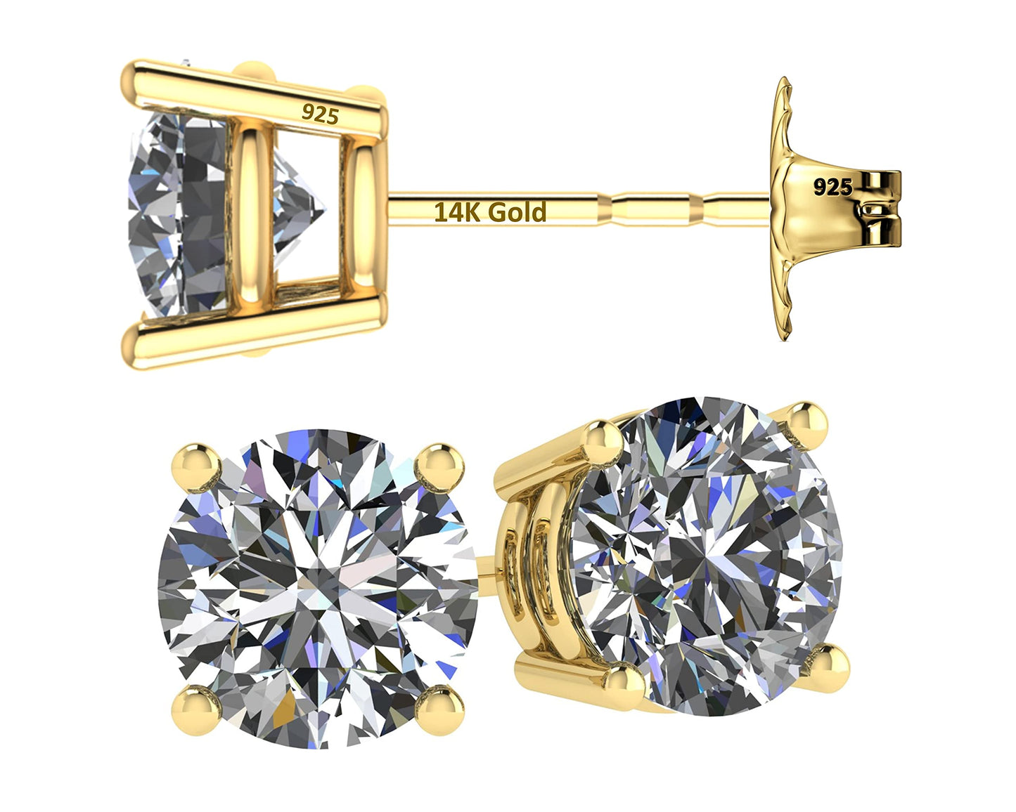Central Diamond Center 14K Solid Gold Post & Sterling Silver 4 Prong CZ Stud Earrings - Yellow Gold Plated - 9.00mm - 6.00cttw