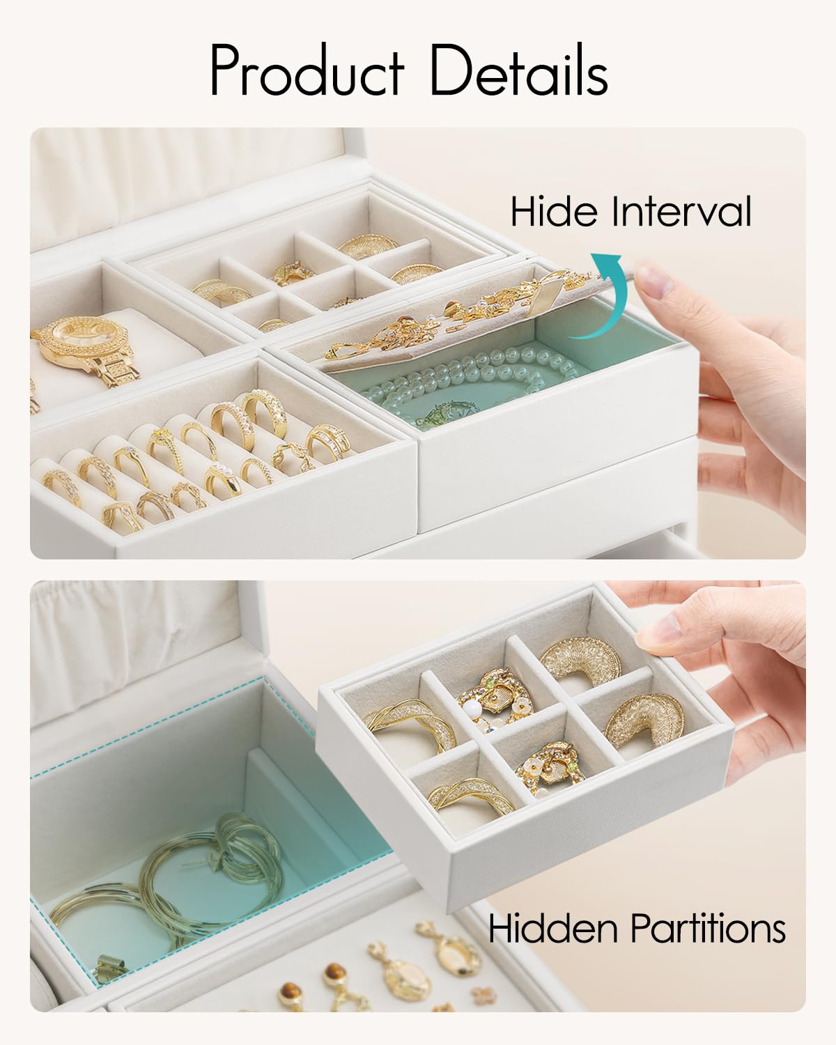 VLANDO 4 Layers Jewelry Box - Women Jewelry Box with Retractable Tray - Jewelry Organizer with Drawer for Necklaces, Rings, Bracelets, Earrings, Gift for Couples Mom Girls - White
