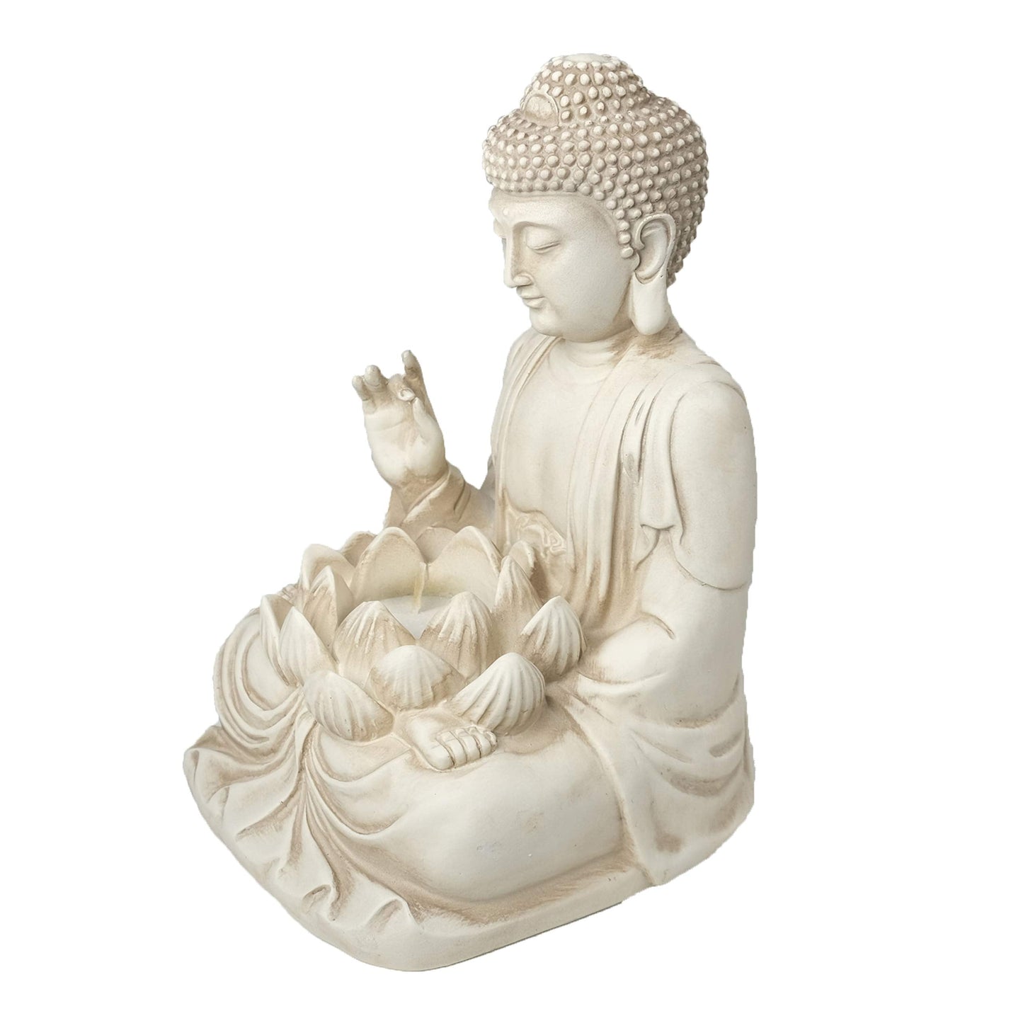 Bella Haus Design Buddha Tealight Candle Holder Statue – 8.5” Tall Polyresin - Zen Home and Garden Decor - Includes 3pcs Tea Lights and Free Candle Snuffer for Office, Indoor, Outdoor Decoration