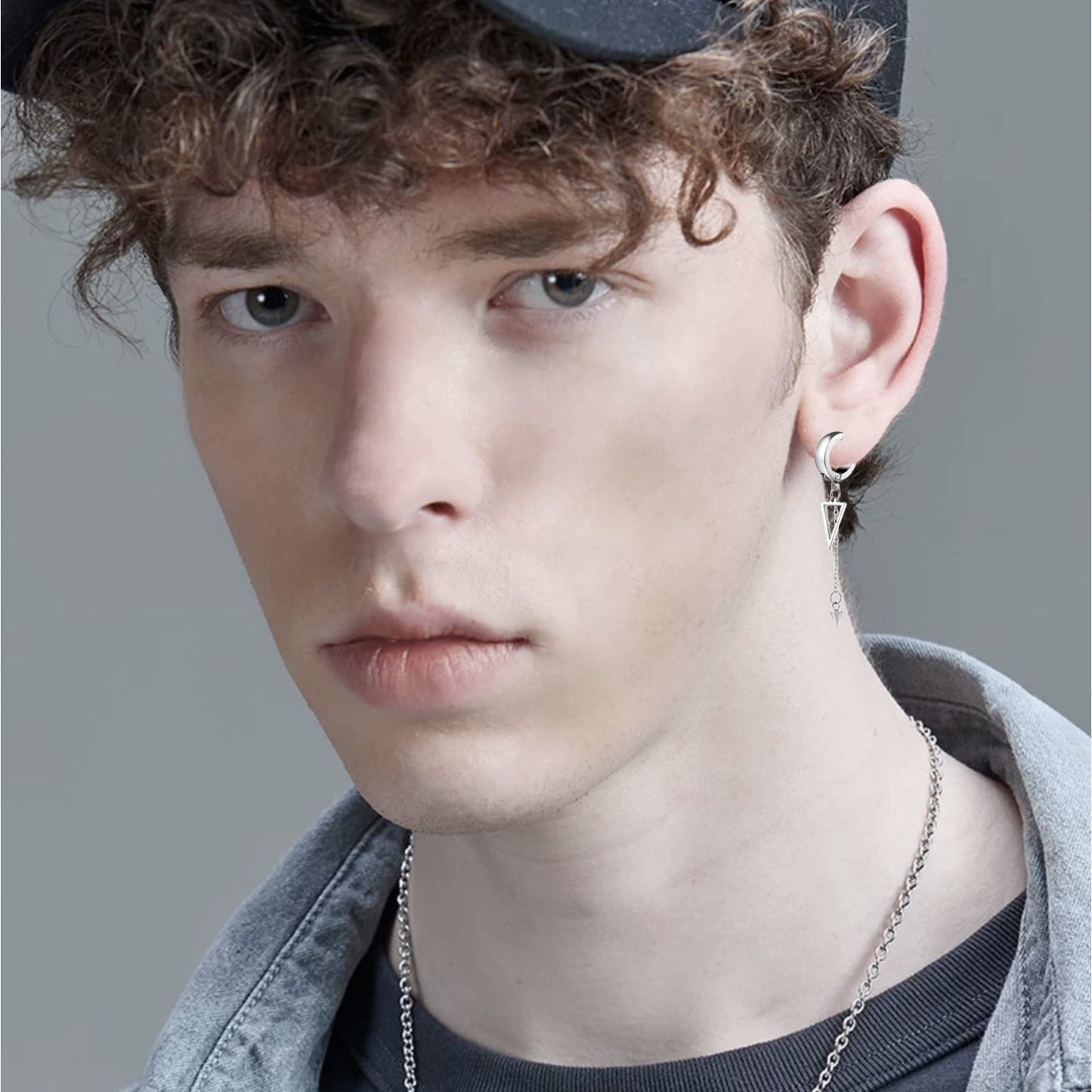 5 Pairs Silver Stainless Steel Non-Piercing Spike Rivet Geometric Triangle Dangle Tassel Clip on Hoop Earrings Set for Women Men, Non Pierced Fake Ear Clip Stud Earrings