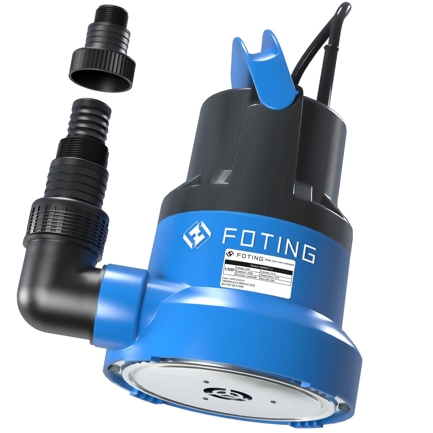 FOTING 1/2HP Submersible Water Pump with Stainless Steel Base - Removes Water to 0.04" Depth, 2450GPH Portable Sump Pump for Puddles, Pools, Boats, Gardens & Ponds - 10Ft Cord Included
