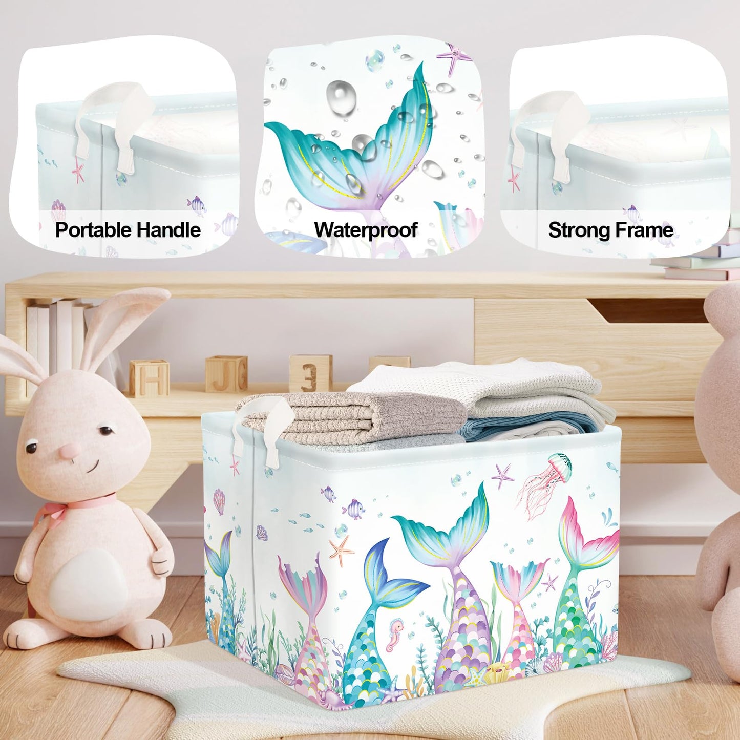 HUUMONSS Fantasy Princess Laundry Hamper Colorful Large Storage Basket Collapsible Parents Organizer Kids Toy Clothes Bins for Bedroom, Bathroom, Mermaid, 36L