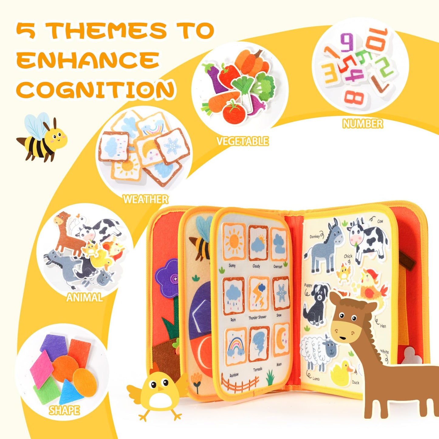 Jollybaby Montessori Activity Busy Book for Toddlers, Preschool Educational Learning Busy Board for 3 Year Old, Felt Quiet Book Birthday Gift - Farm