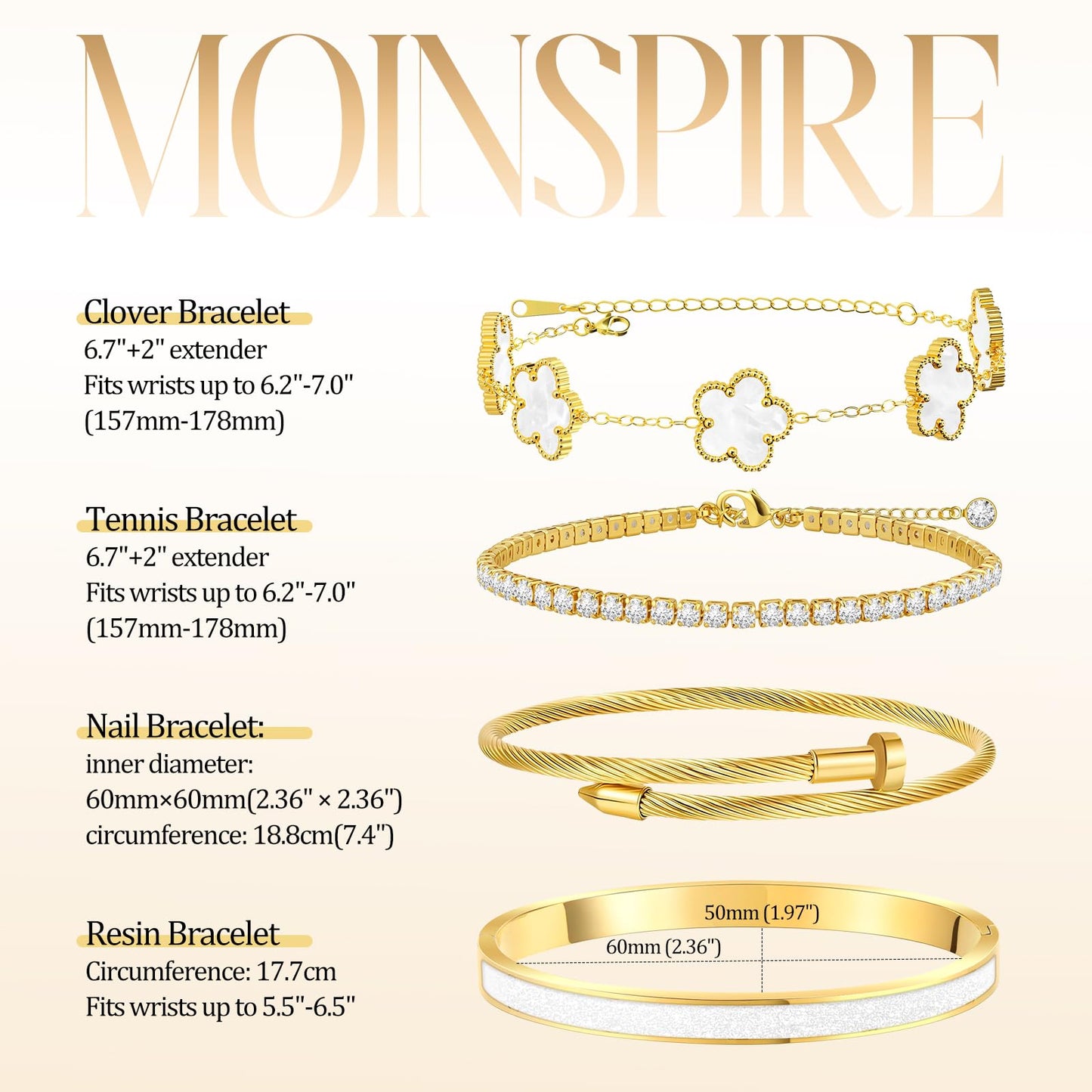 MOINSPIRE 18K Gold Plated Bracelets for Women, Stainless Steel Four Leaf Clover Tennis Nail Love Bangle Bracelets Set, Trendy Stackable Twist Cuff Bracelet Non Tarnish Jewelry Gifts for Christmas