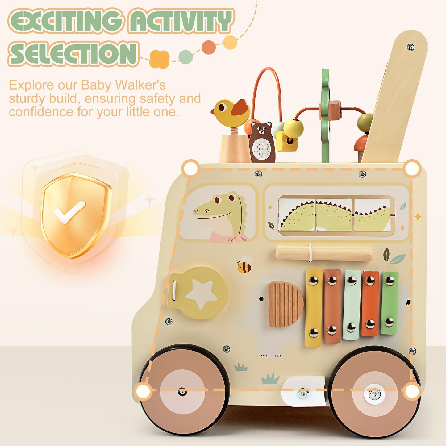 Pithfor Wooden Activity Cube Push Walker, Wooden Baby Walker, Montessori Toys for Babies 10-12 Months 1 2 3 Years Old Boys & Girls, Help Learning to Walk & Sit-to-Stand