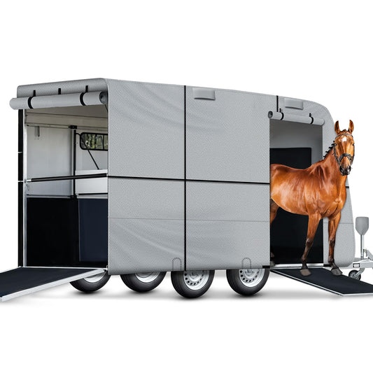 Horse Trailer Cover, Pull Horse Trailer Cover, 7-Layer Heavy Duty Horse RV Cover, Anti-UV, Waterproof and Windproof Horse Puller Trailer Cover for 14'1" - 16' Length Trailer Gray