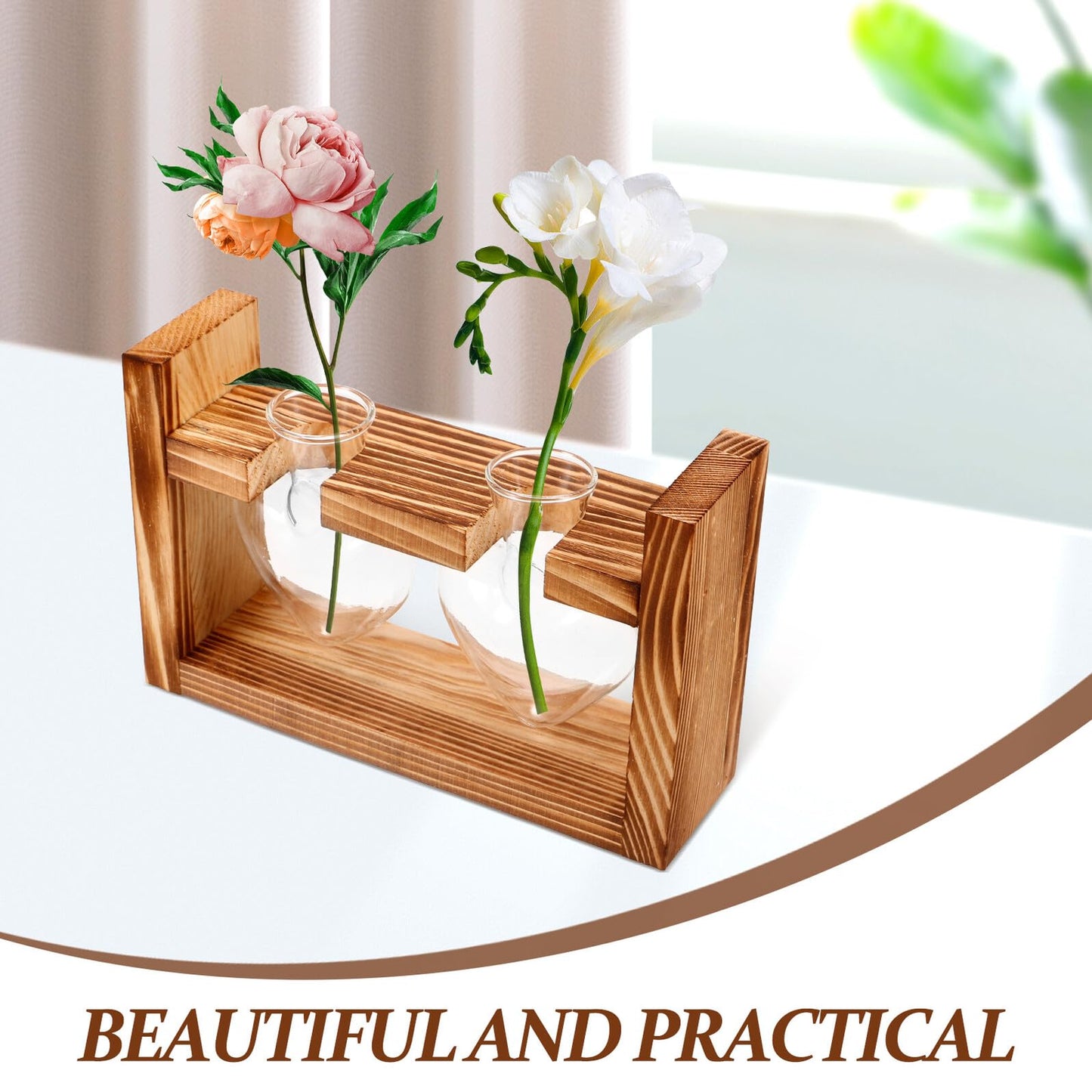 CORHAD Heart-Shaped Glass Hydroponic Vase with Wooden Frame Stand, Desktop Terrarium Planter for Indoor Plants, Tabletop Flower Pot for Home and Office Décor, 2pcs Set