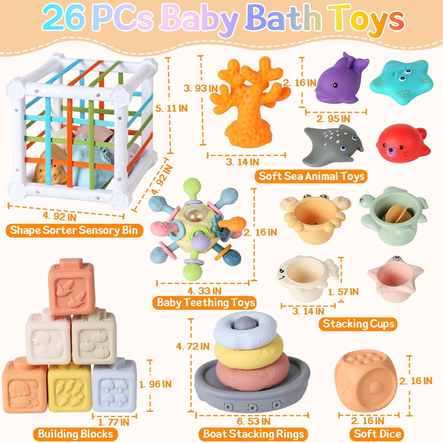 7-in-1 Montessori Baby Toys with Shape Sorter Sensory Bin, Stacking Cups, Soft Sea Animal Toys for 6-12-18 Months, Fun Bath Time Learning Developmental Toys Gifts for 1 2 3 Year Old Girls Boys