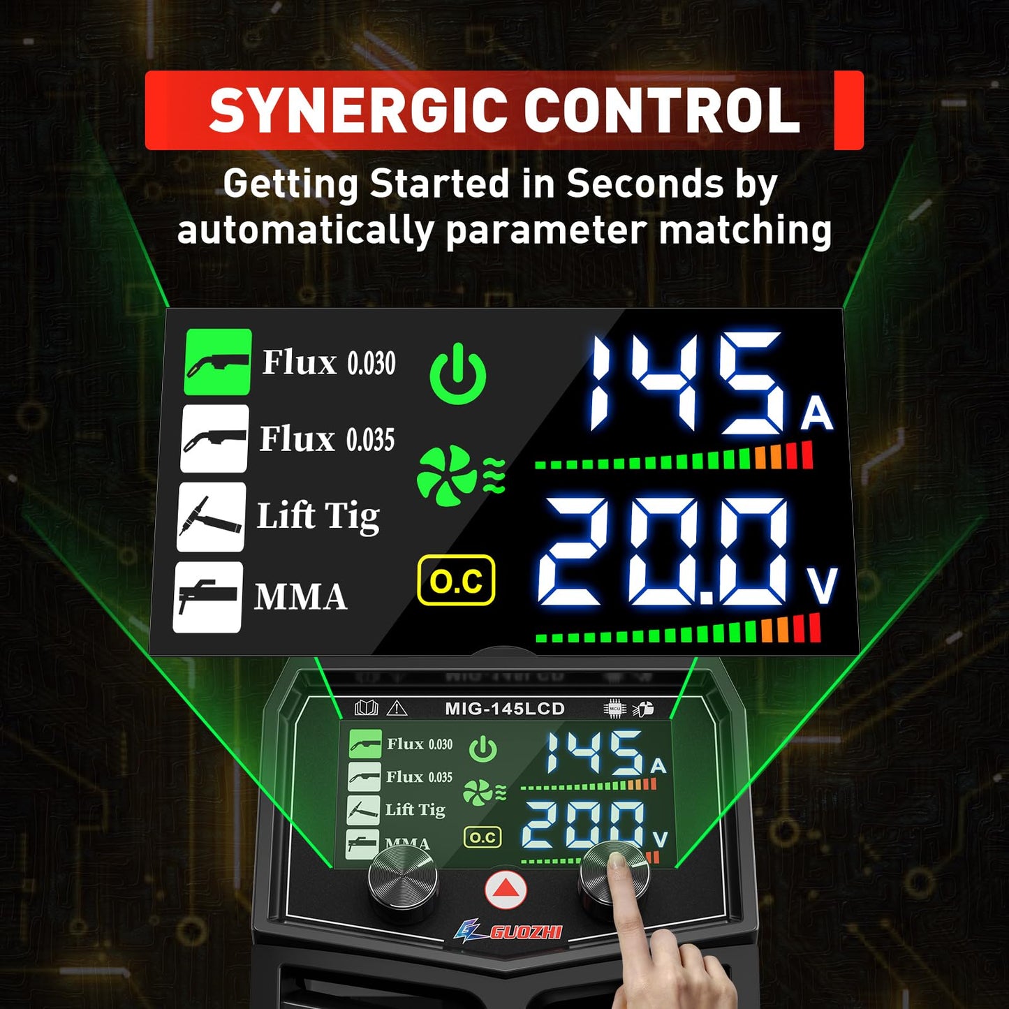 GZ GUOZHI 145A MIG Welder, 3 in 1 Welder FLUX MIG/Lift TIG/ARC Multi-Process Mig Welder, 110V Welding Machine, Flux Core Welder Welder Machine 110v with LCD Large Screen