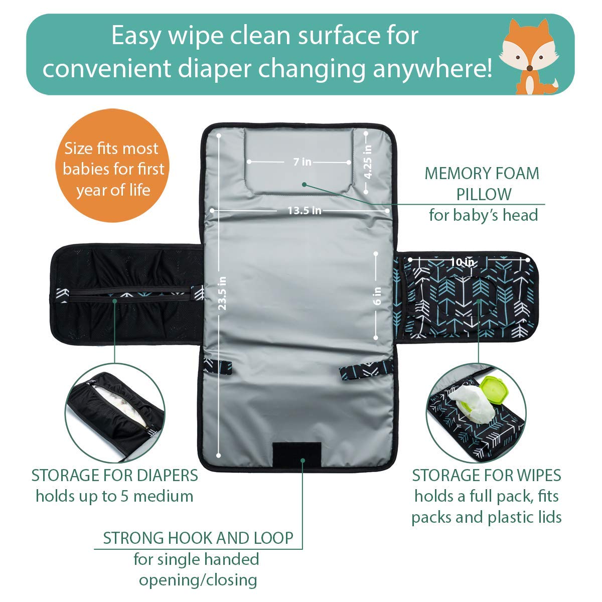 Lil Fox Portable Changing Pad - One-Hand Diaper Change Pad for Baby Diaper Bag or Changing Table. Unisex Baby Shower Gifts, Newborn Essentials