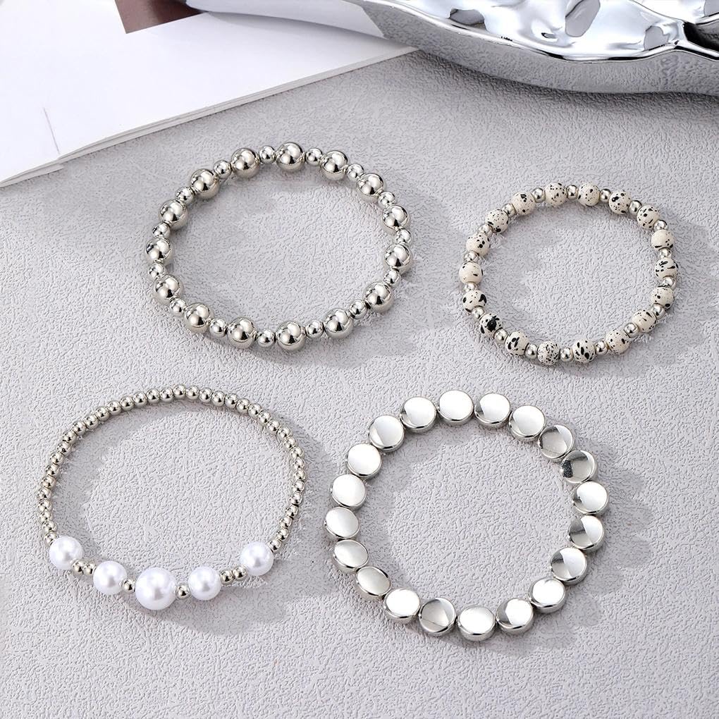 Mexegy Layered Silver Plated Pearl Beaded Stretch Bracelet for Women,Stacked Disc Coin Bead Elastic Bracelets Bohemian Party Holiday Jewelry Accessories Gift(Silver)