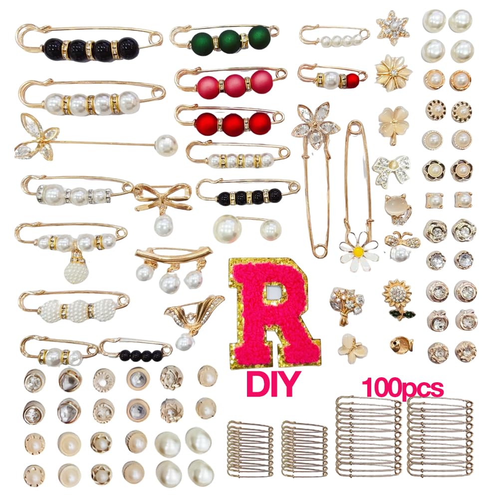 SAPPHIYOO 100Pcs DIY Brooches and Pins Junk Socks Kit, Hat Pins for Women Accessories Clothes, Shoe Charms for Sneakers,Charms Bulk with Letters (R)