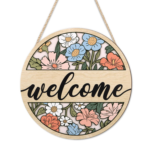 HOURIA 3D Vintage Welcome Front Door Sign(11.4”x11.4”),Boho Daisy Flower Wooden Door Wreath,Rustic Spring Summer Floral Wall Hanging Decor for Farmhouse Porch Home Indoor Office