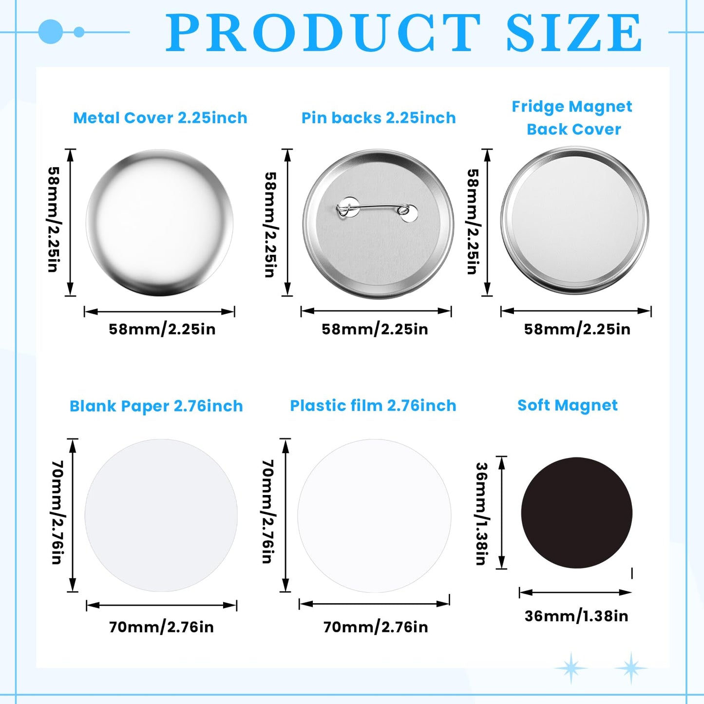 Wavwavw 100 Sets 58mm/2.25 Inch Round Button Maker Supplies, 50 Pcs Blank Fridge Magnet Badge Parts and 50 Pcs Pin-Back Badge Parts Press for Square Button Maker Machine, DIY Gift Crafts