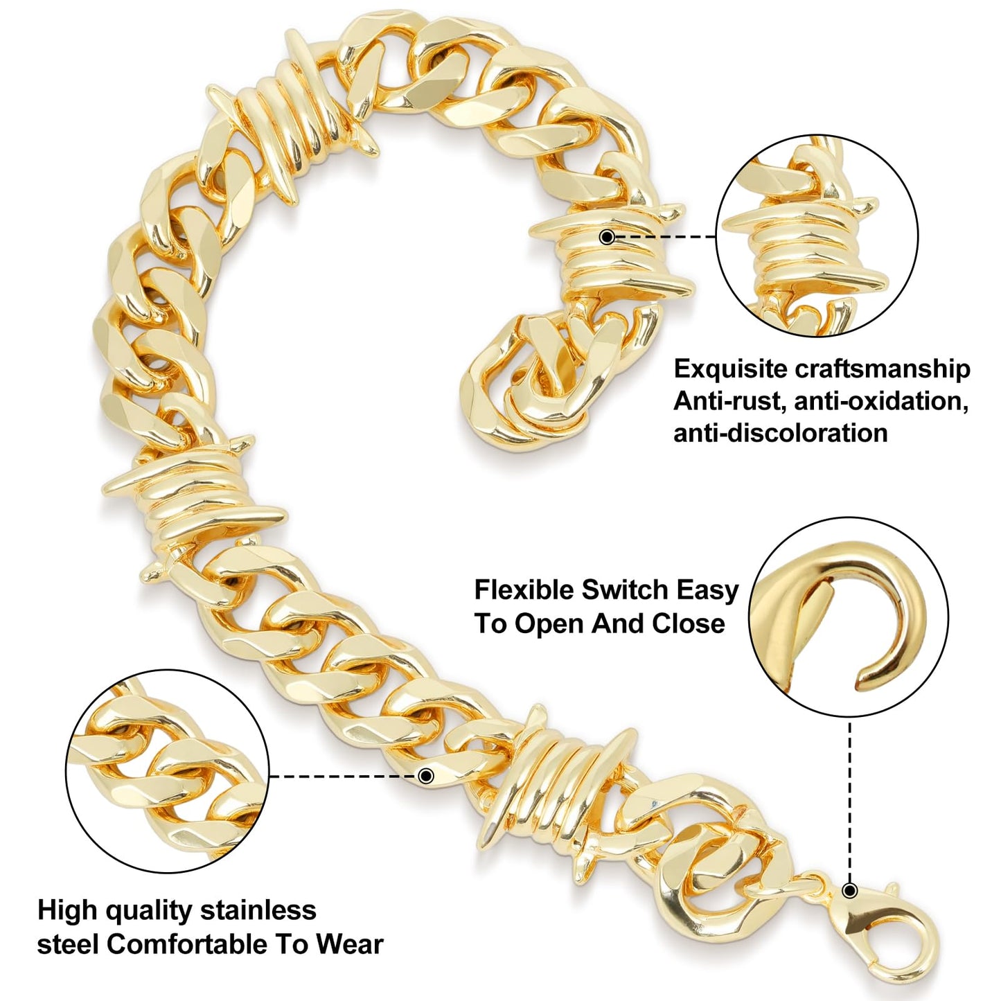 LuxGoth Stainless Steel Barbed Wire Thorns Chunky Cuban Link Chain Bracelet Gothic Punk Rock Biker Vintage Viking Brambles Link Curb Bracelet Jewelry for Men Women Gold GTS-B1B45052