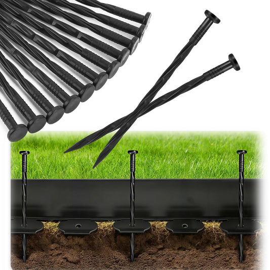 Garaook 100PCS 8-Inch Plastic Landscape Edging Stakes, Spiral Nylon Landscape Spikes, Anchoring Nails for Weed Barrier, Paver Edging, Landscape Edging, Artificial Turf, Grass Pathways, Black