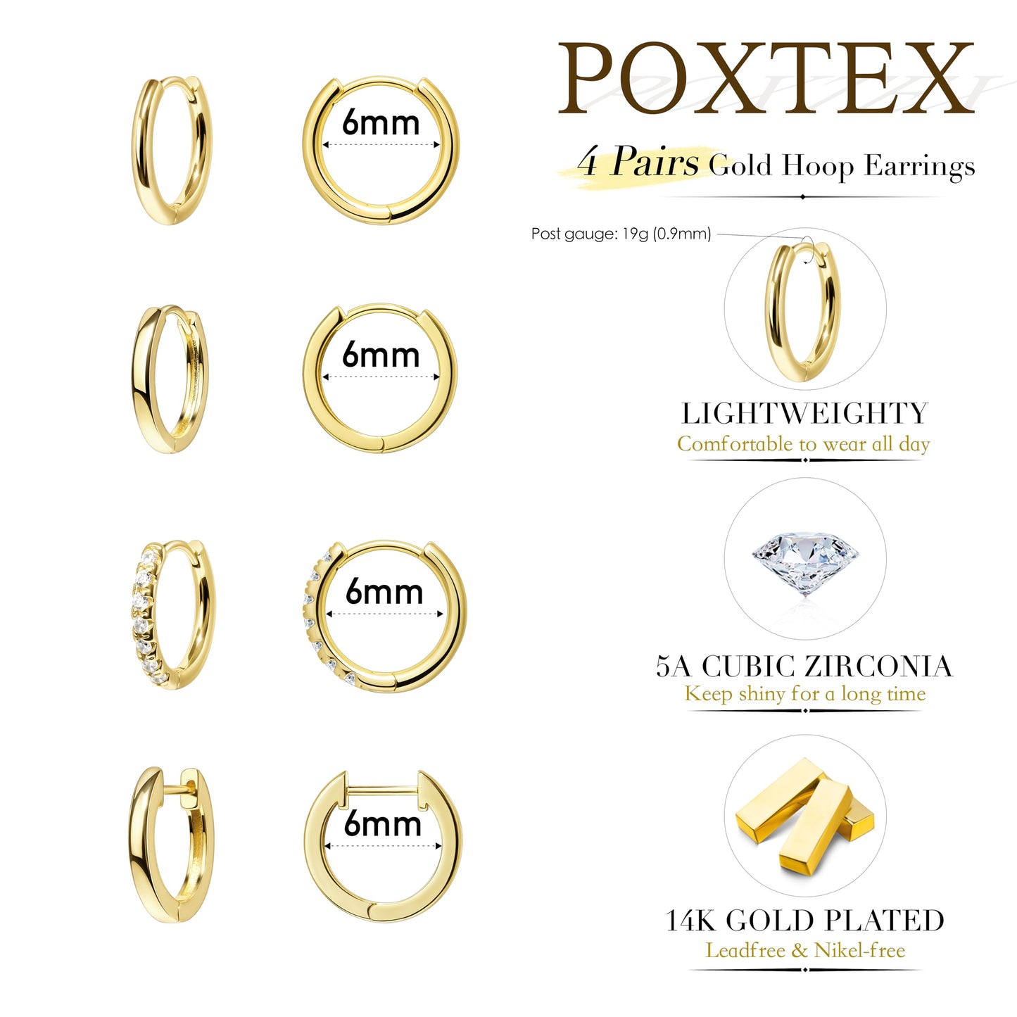 6mm Small Hoop Earrings Set for Women 14K Gold Plated Huggie Mini Cute Cartilage Earrings Set for Multiple Piercing Tragus Helix Rook Piercing Jewelry Lightweight Clip On
