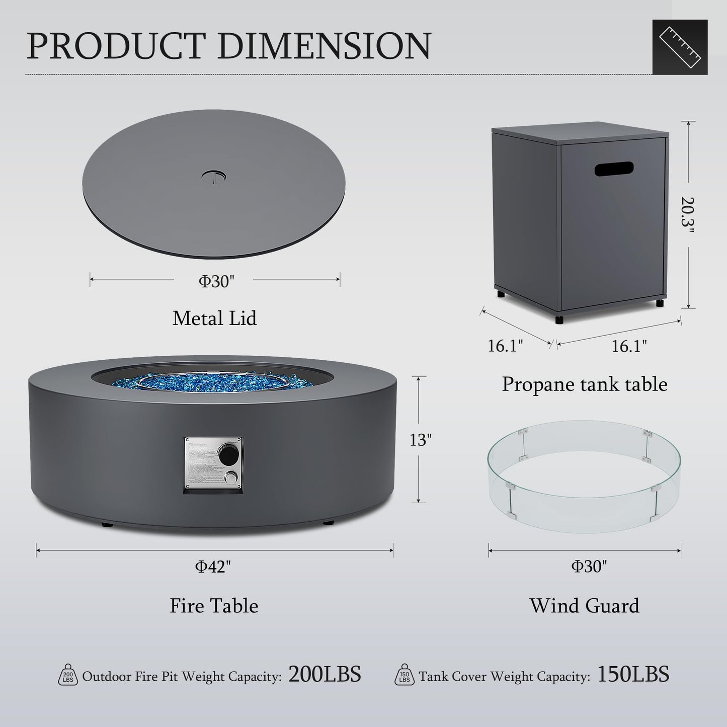 UPHA 42-inch Outdoor Propane Gas Fire Pit Table 50000 BTU Iron Round Firepit for Outside Patio with Tank Hidden Table, Wind Guard, Removable Lid, Blue Glass Rocks, Rain Cover, Grey