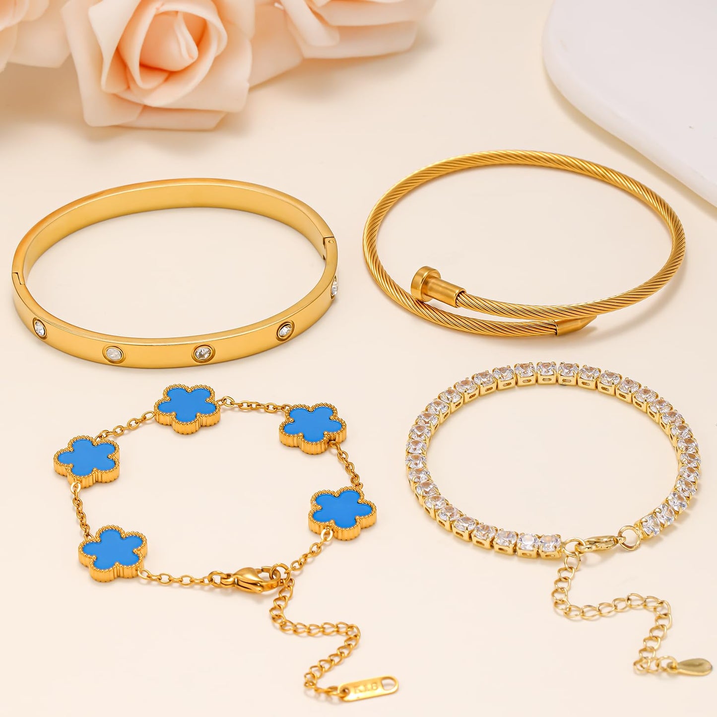 Gold Bracelets for Women, 18K Gold Plated Women Tennis Bracelets Clover Nail Love Bangle Bracelet Set, Gold Bracelet Stackable Set Trendy Jewelry, Gifts for Women's Day and Mother's Day (01-Color-blue)