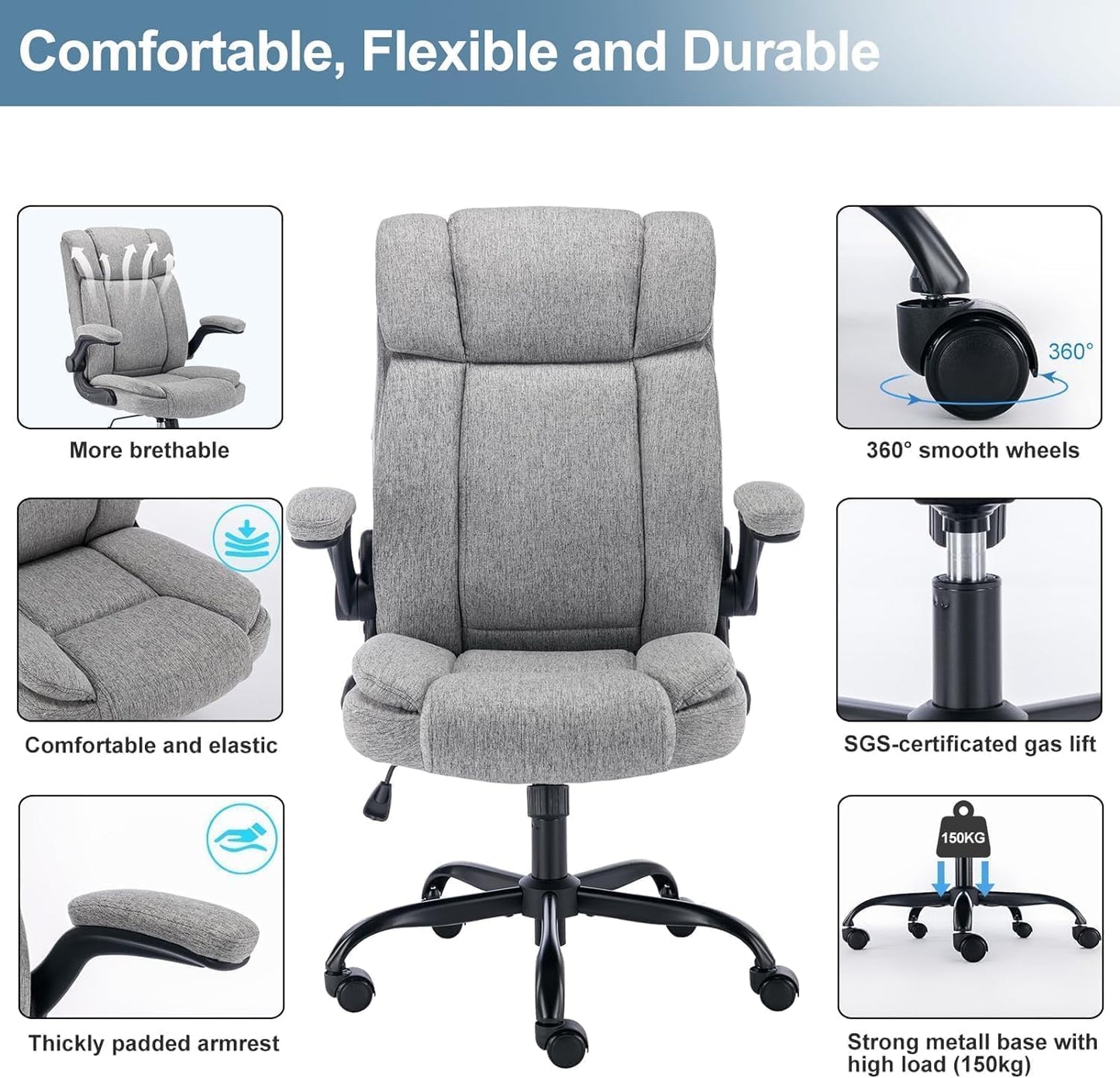 BRTHORY Office Chair High Back Ergonomic Executive Computer Desk Chair Comfortable Fabric Padded Home Office Desk Chairs with Flip-up Arm Rest Adjustable Height Swivel Wheels (Grey)