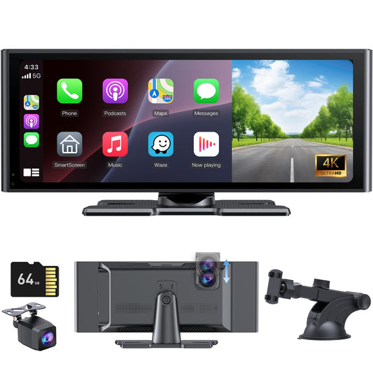 Carplay Screen for Car 10.26" HD IPS Wireless Compatible with Apple Carplay & Android Auto,Touch Car Play Screen with SuperLink,4K Dash Cam,1080p Backup Camera,Loop Recording,Bluetooth Audio,GPS,Siri