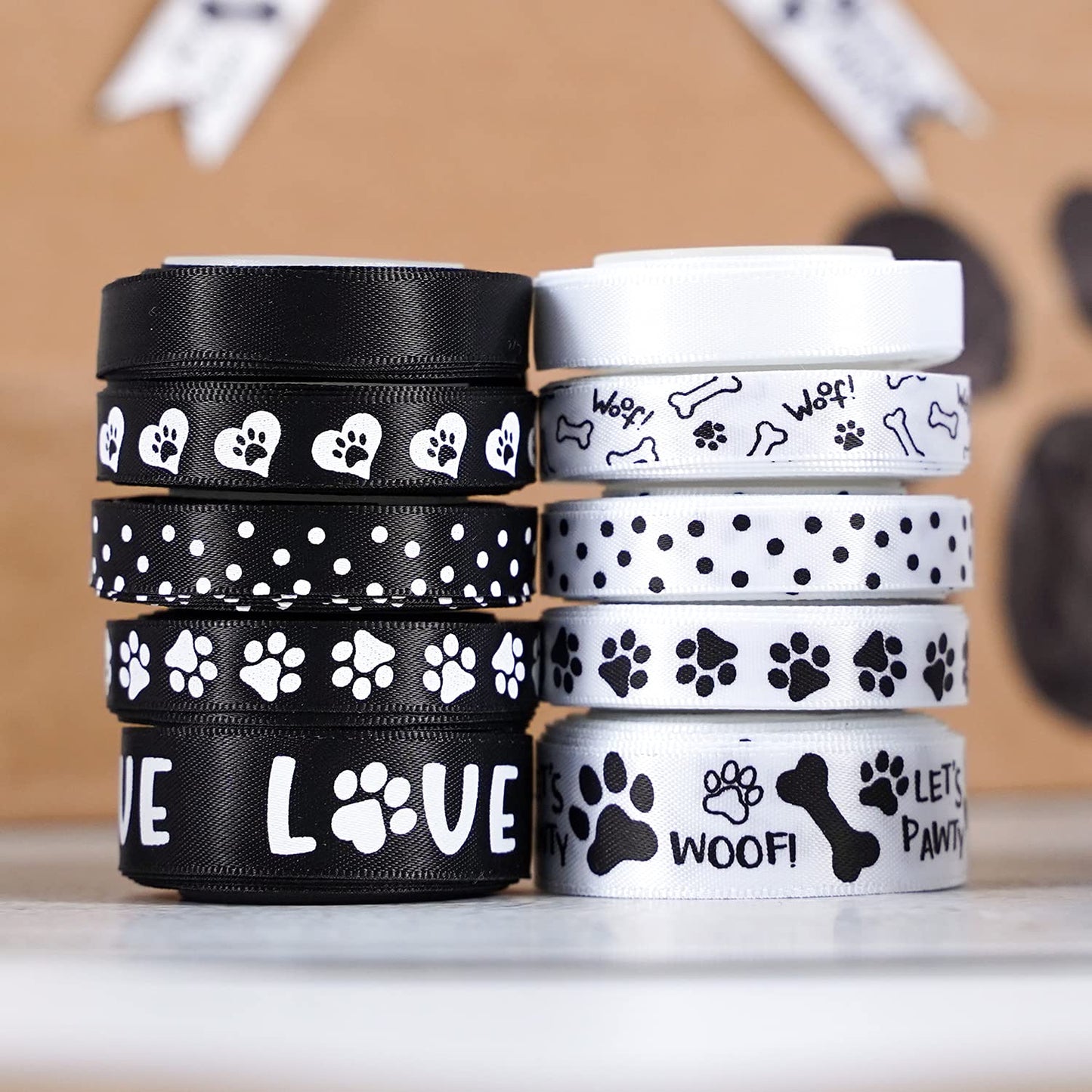 HUIHUANG Paw Print Bone Satin Ribbon Assortment - Black and White, 3/8" & " 5/8" Inch, 10 Rolls 50 Yards - Assorted Ribbon for Crafts, Dog Party Supplies, Gift Wrapping & Decoration