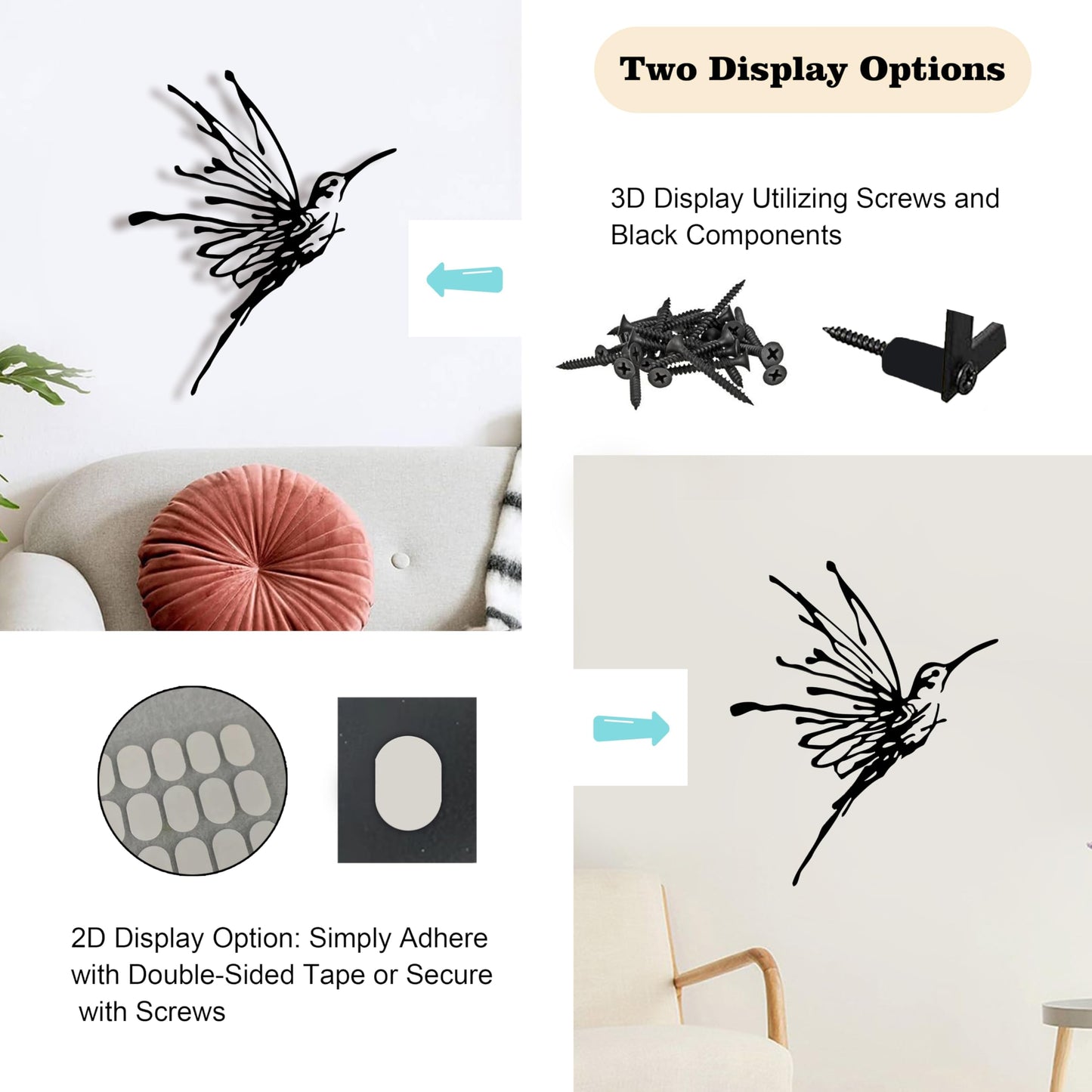 3D Metal Hummingbird Wall Art - Unique Black Outdoor Garden Decor, Waterproof Bird Sculpture for Patio, Living Room, Bedroom & Bathroom