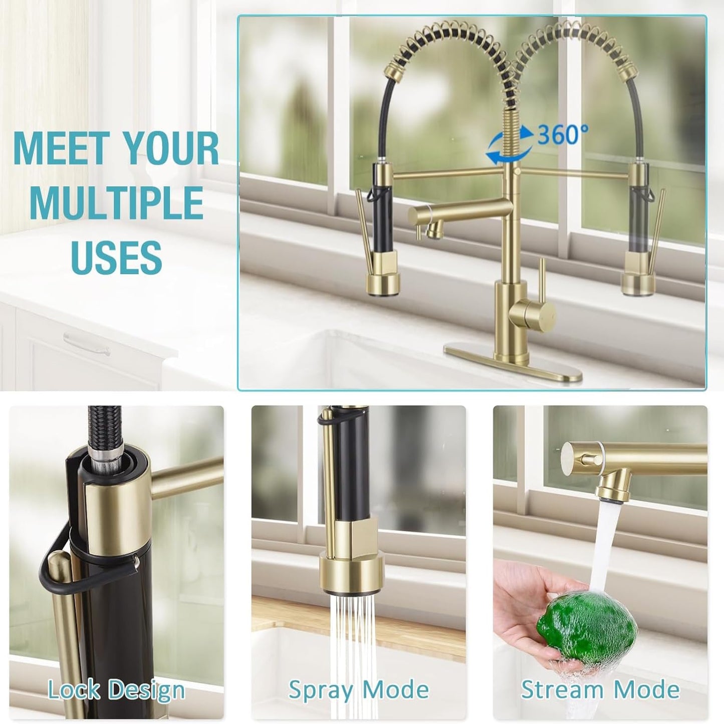 VIDEC Smart Kitchen Faucet, 3 Modes Pull Down Sprayer, LED Temperature Control, Ceramic Valve,360-Degree Rotation,1 or 3 Hole Deck Plate, Double Spout. 10-Year Warranty.(Brushed Gold, KW-21CG)