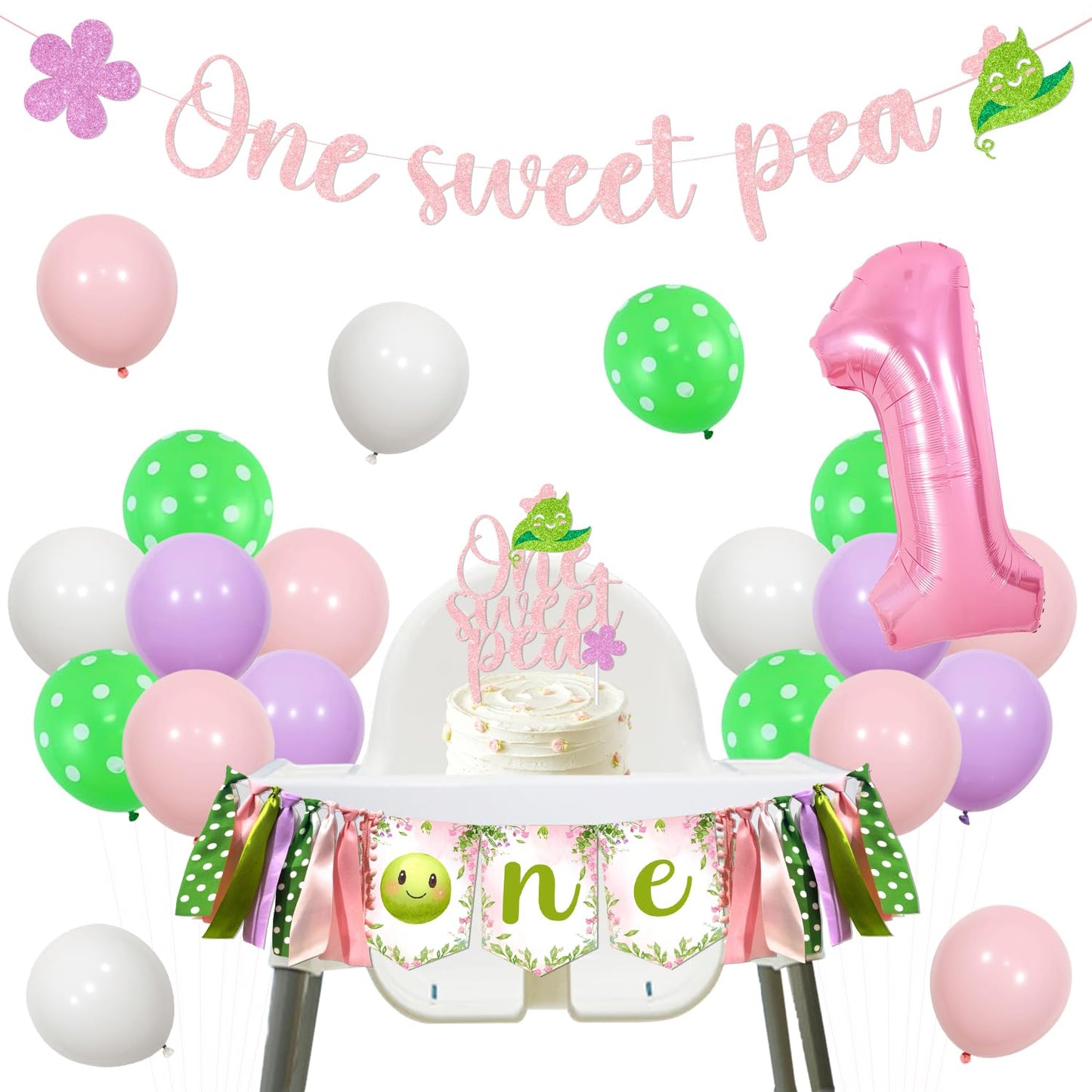 One Sweet Pea Birthday Decorations Pink, Sweet Pea Themed 1st Banner High Chair Banner and Cake Topper Latax Ballons and Number 1 Foil Ballon Kit for Pea First Birthday Party Supplies