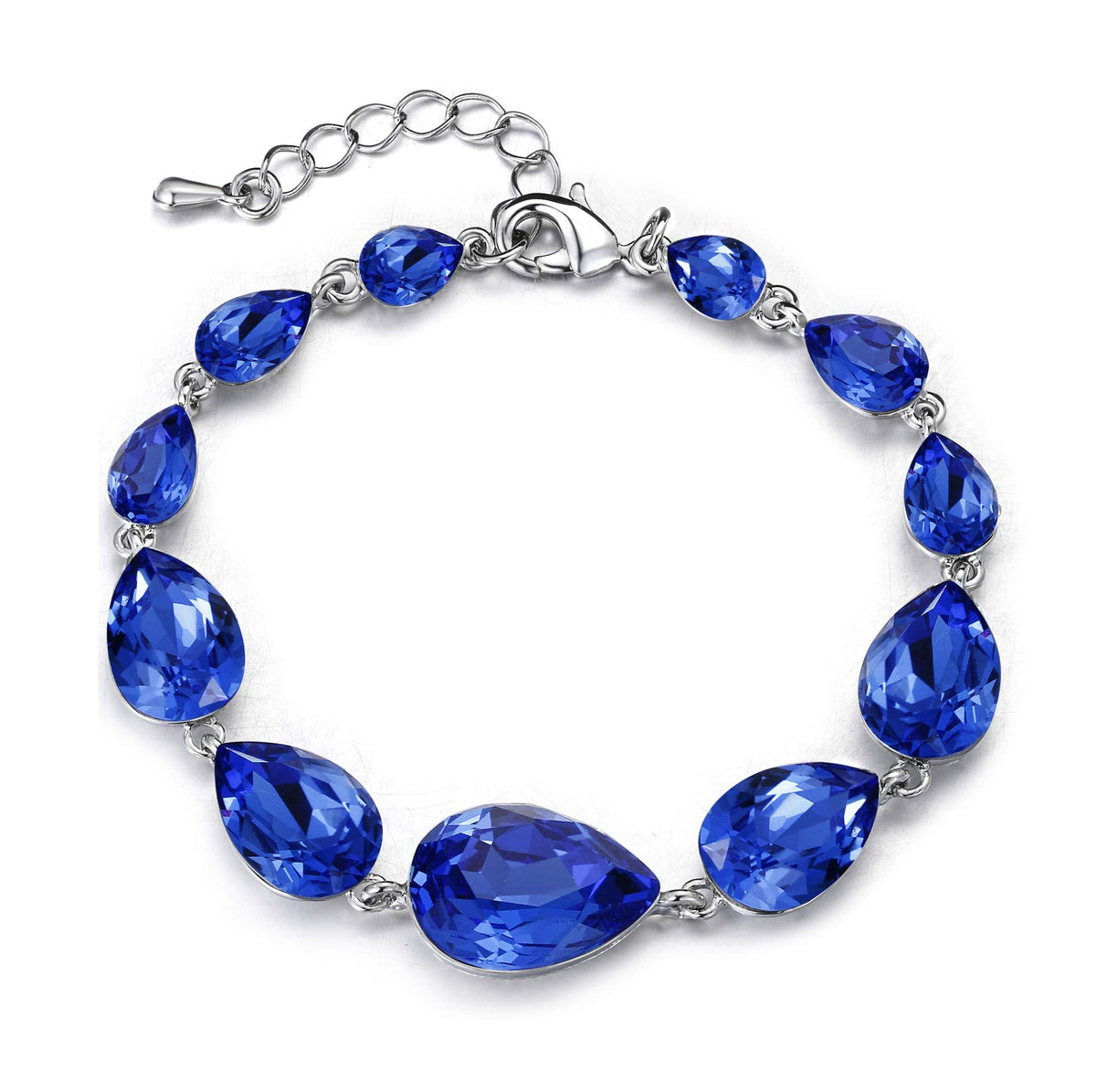 BriLove Wedding Bridal Bracelet for Women Shiny Bling Crystal Multi Teardrop for Party Prom Royal Blue Sapphire Color Silver-Tone