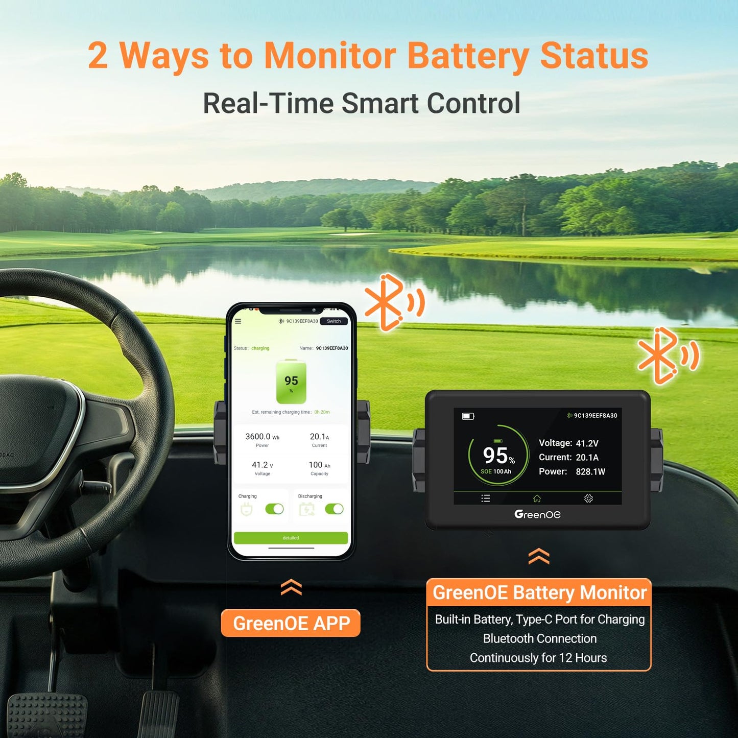 36V 100Ah Lithium Golf Cart Battery, 36V LiFePO4 Battery, Built-in 200A BMS, Golf Cart Batteries with Bluetooth APP & LCD Monitor, 43.8V 20A Charger, Max with 7.68kW Output, 1000A Peak Current