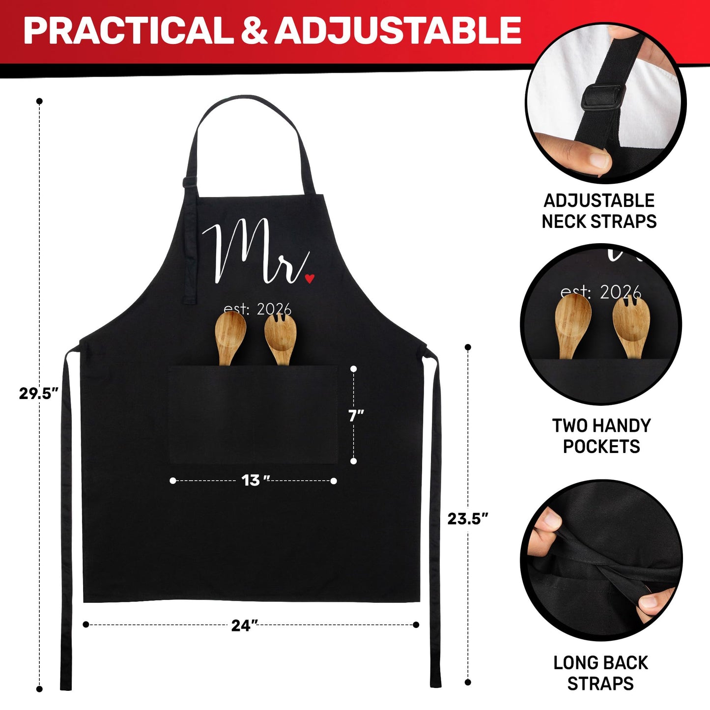 Prazoli Products Mr Mrs Apron Set - Engagement Gifts, Wedding & Bridal Shower Gifts for Couple (Mr. & Mrs. Est: 2026 - Red, Standard)