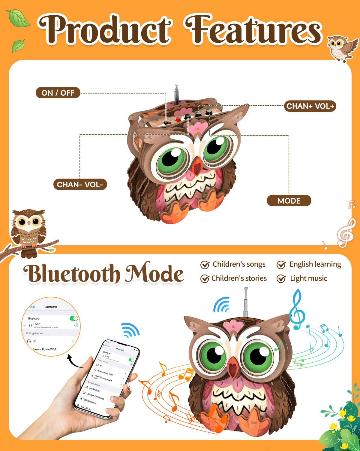 3D Wooden Puzzles for Adults, Big-Eyed Adorable Owl Bluetooth Speaker Model Kit, 3D Puzzles for Adults Room Home Decor DIY Craft Kit, Holiday Birthday Christmas Day Gifts for Men Women Teens