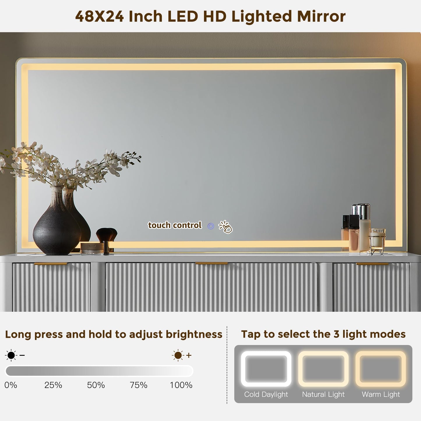 T4TREAM 48" Fluted Makeup Vanity Desk with 48" Large Mirror and HD LED Lights, Modern Vanity Table with 9 Drawers & Charging Station, Glass Top and Golden Handles Dressing Table for Bedroom, White