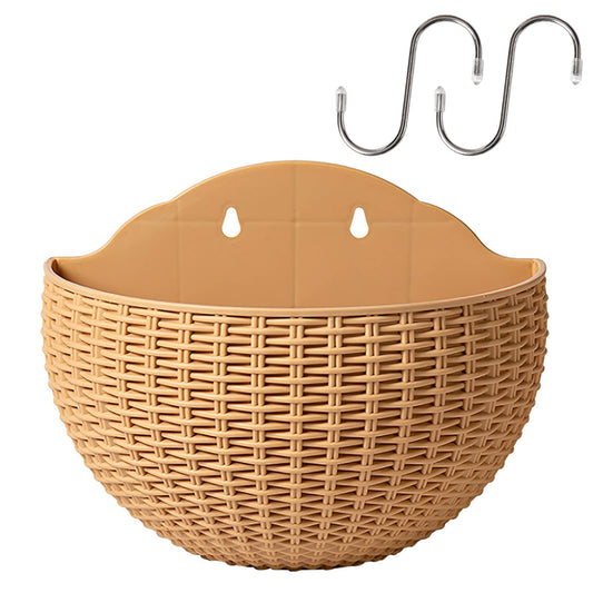 Hanging Planter Pot, Wall and Railing Hanging Planters with S Hooks, Half Round Imitation Rattan European Style Wall Flowerpot Rustic Decorative Flower Basket for Home Balcony Garden(#26*20.5cm Khaki)