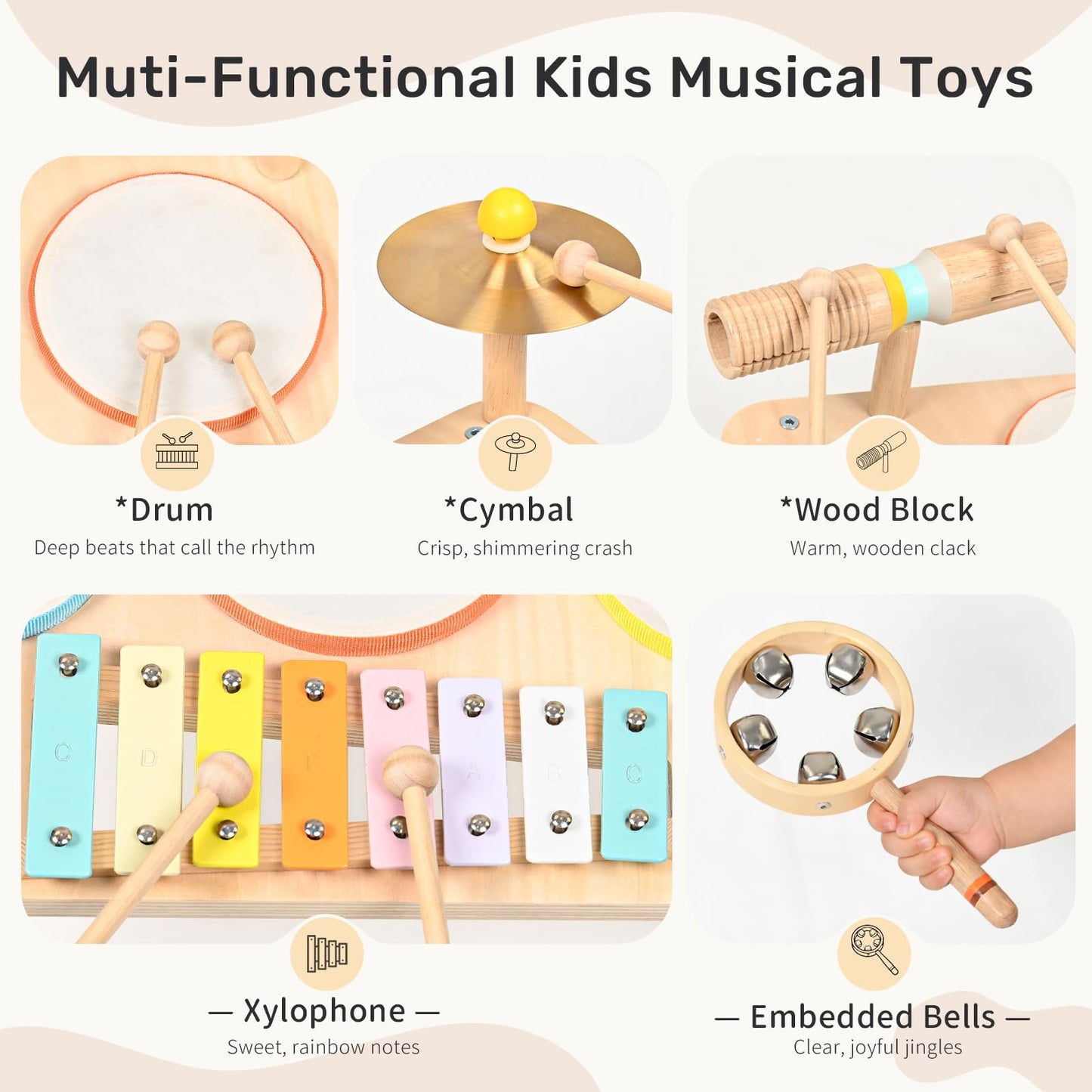 WINGYZ Kids Drum Set – 9-in-1 Montessori Toys for 1-3 Year Old & Wooden Musical Instruments for Toddlers, Baby Musical Toys with Drums, Xylophone, Helps Hand-Eye Coordination, Gift for 1-3 Boys Girls
